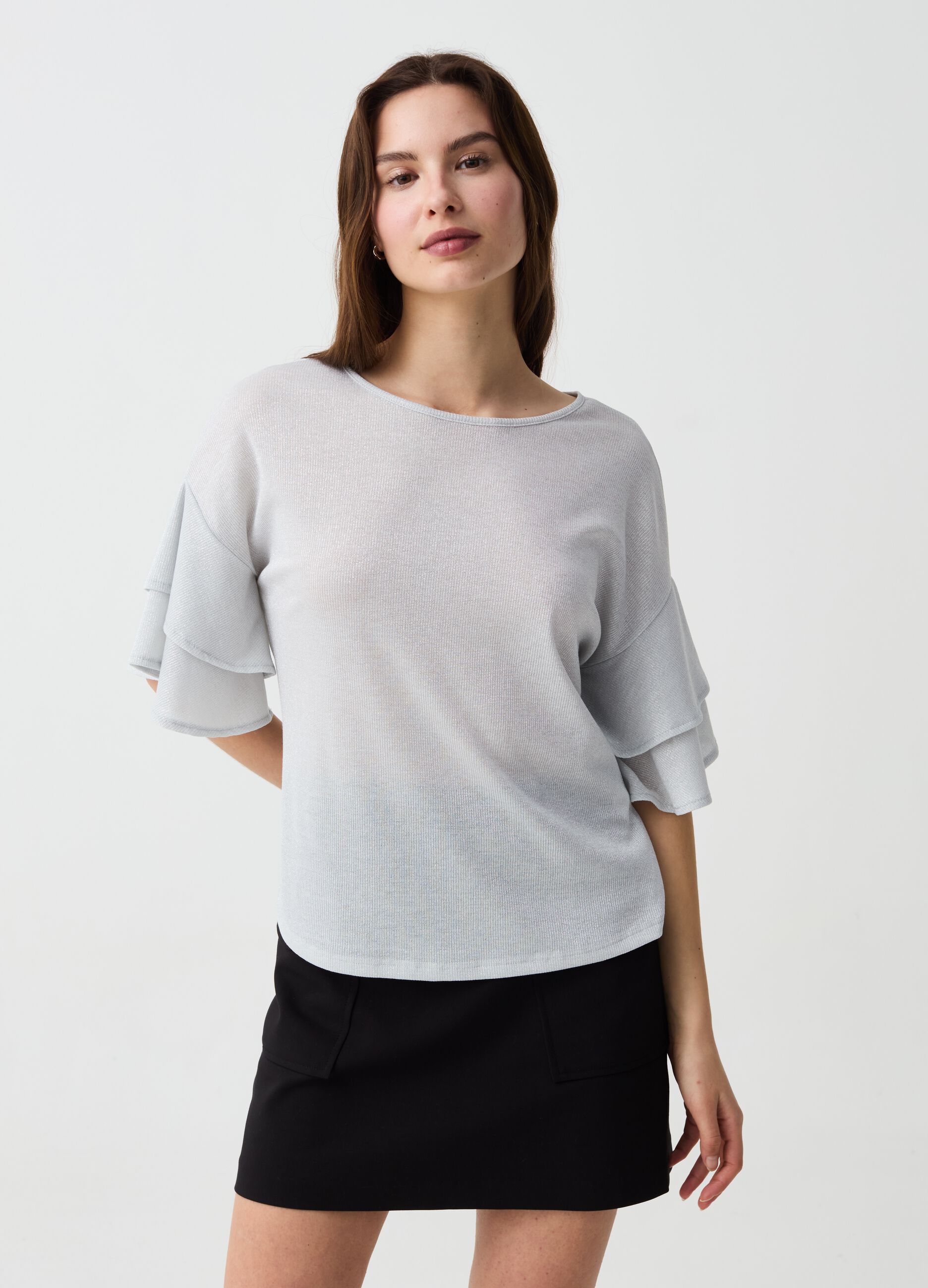 T-shirt in lurex maniche con balze