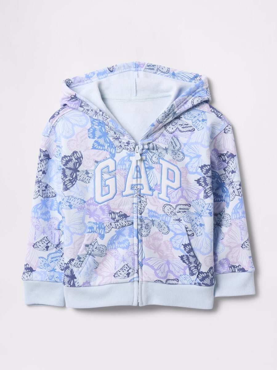 Light blue full-zip sweatshirt with hood, butterflies print and logo embroidery_0