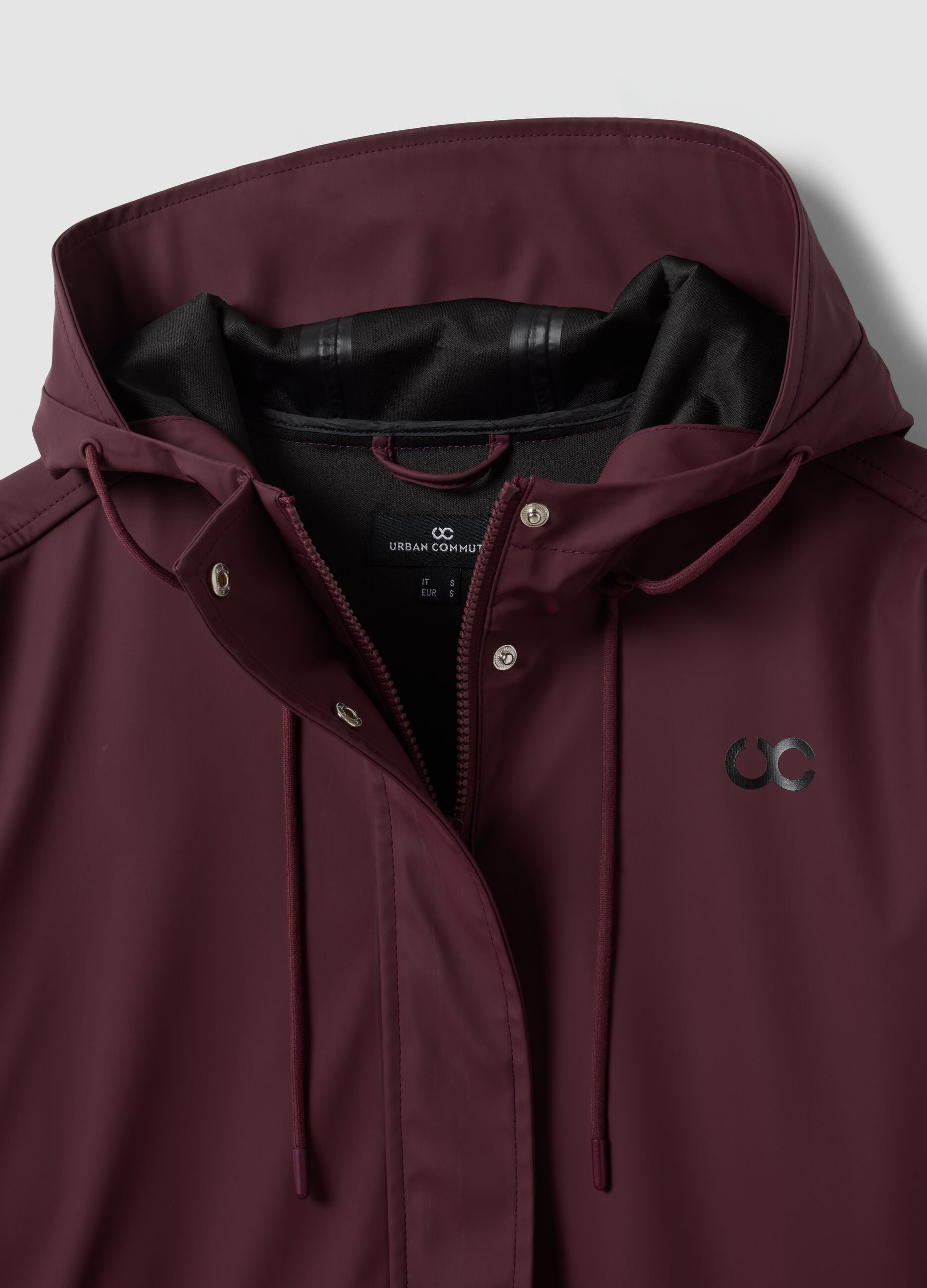 Red rain jacket with zip and hood