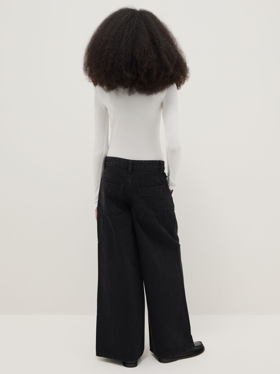 Girls' Pure Black Cotton Wide Leg Jeans with Large Pockets_1