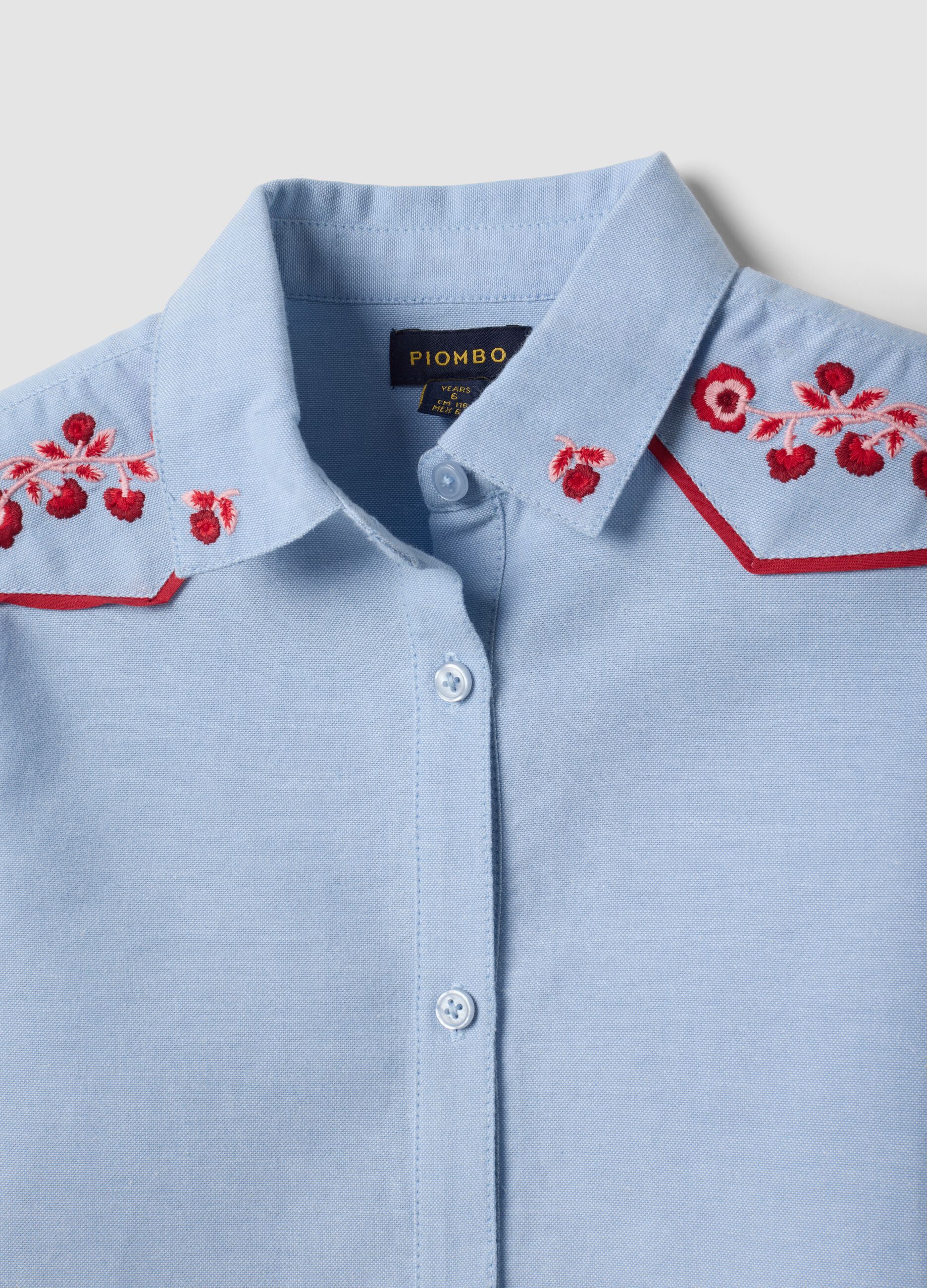 Light blue pure cotton shirt with floral embroidery