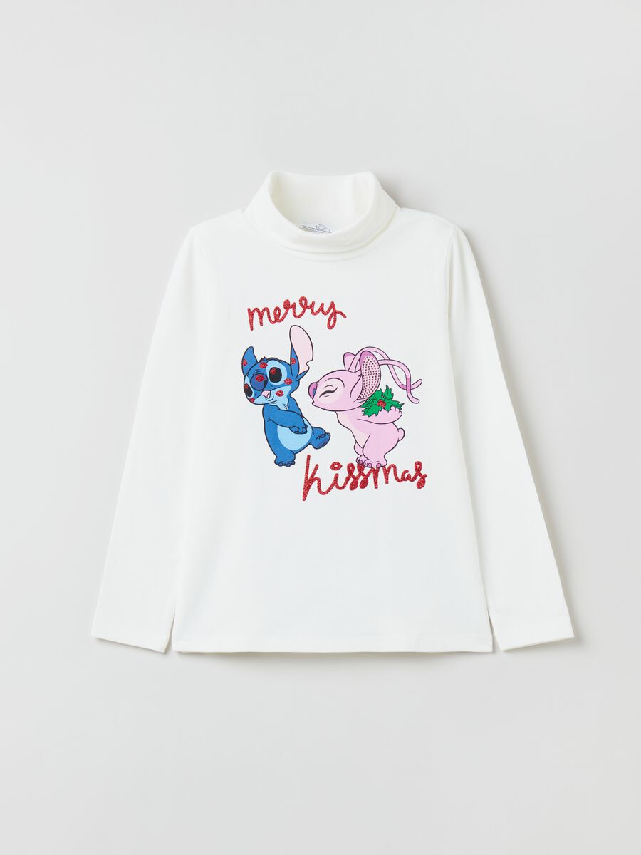 T-shirt a collo alto con stampa Angel e Stitch_0