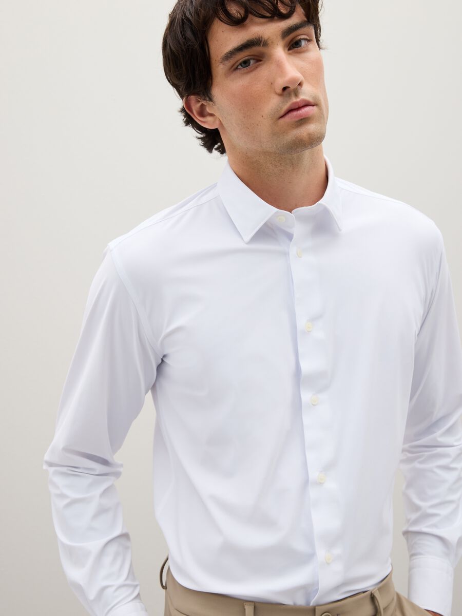 White slim fit stretch fabric shirt_0