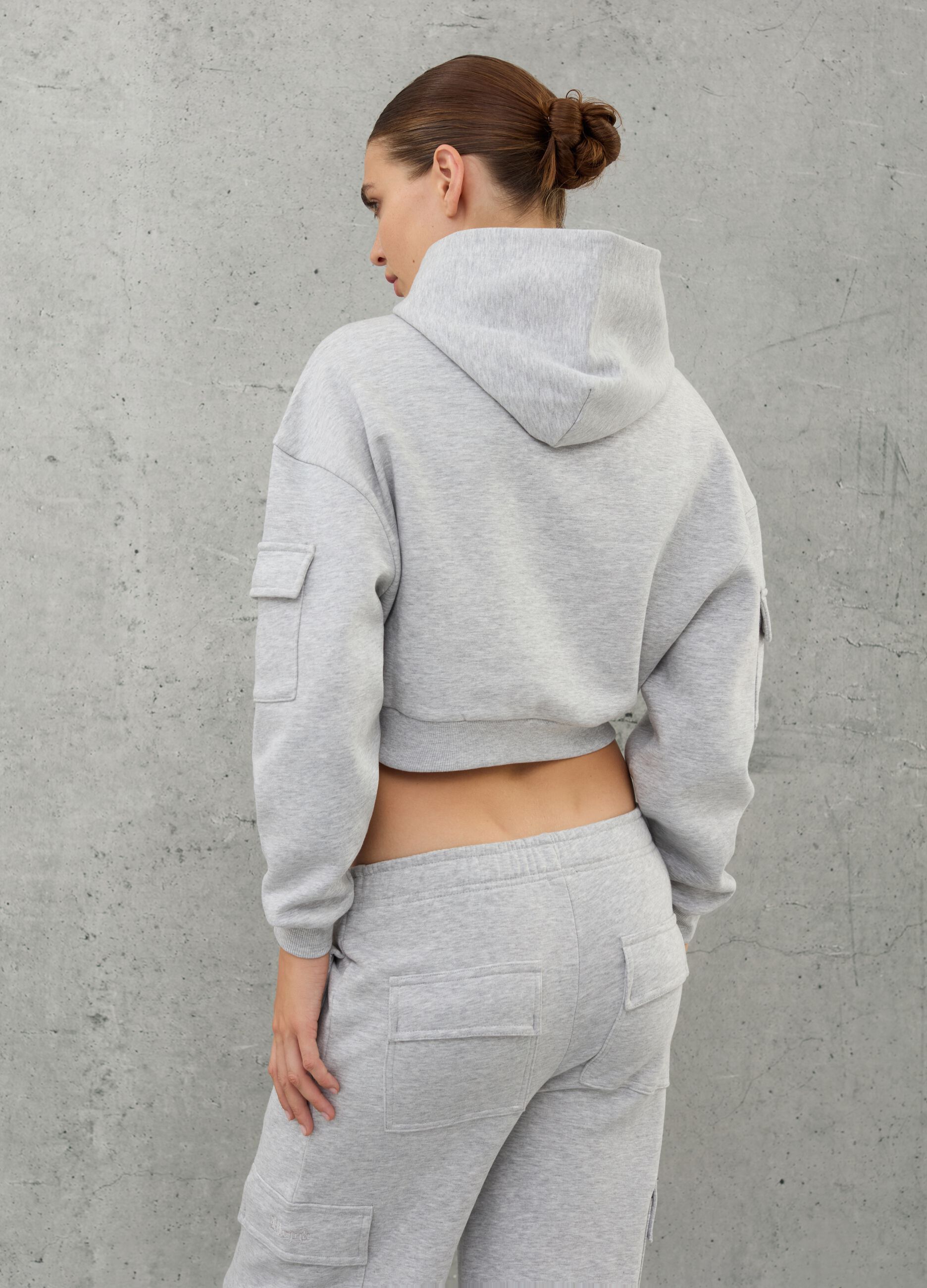 Crop Cargo Hoodie Grey Mélange