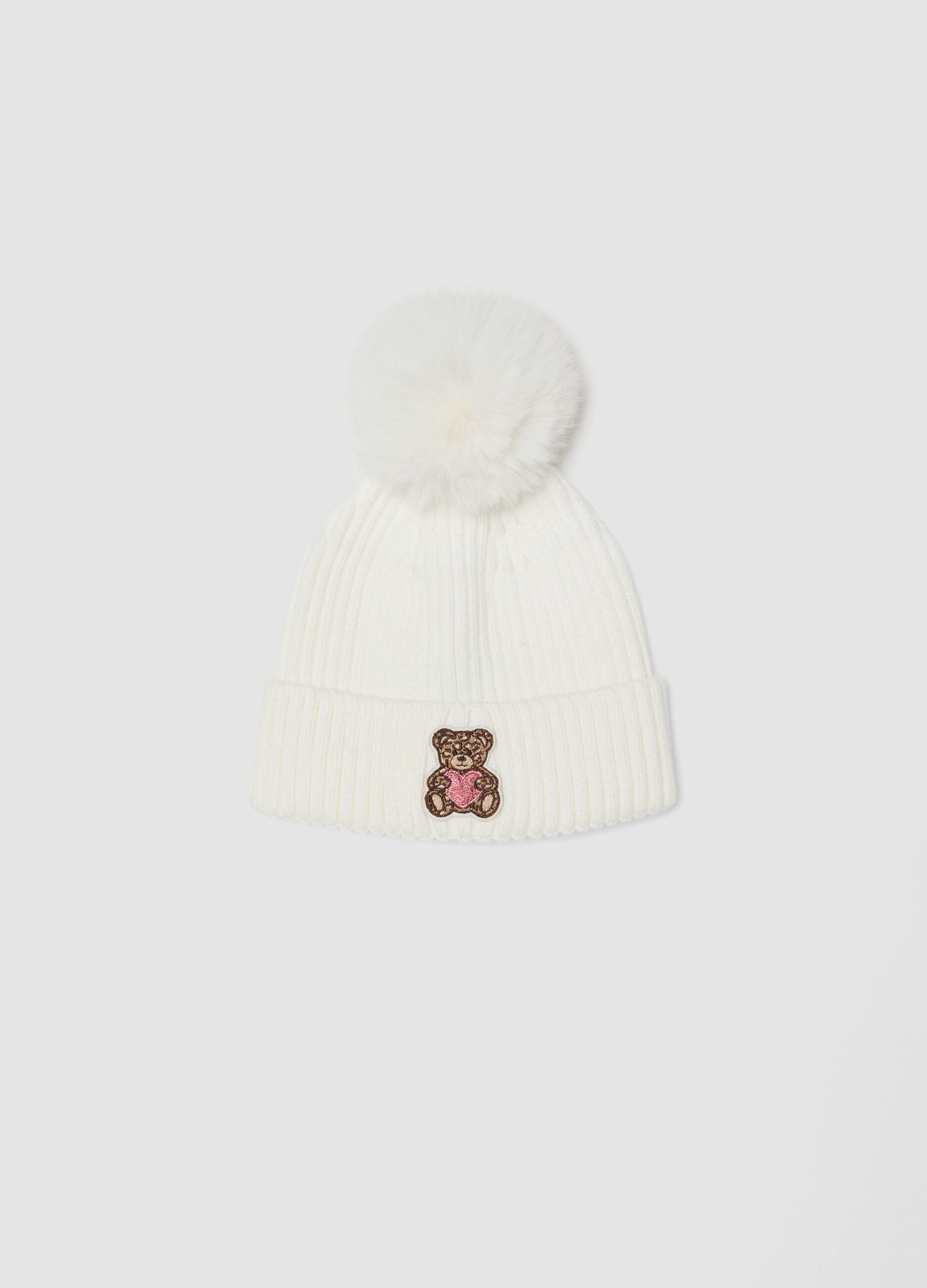 White ribbed viscose-blend beanie with pompom