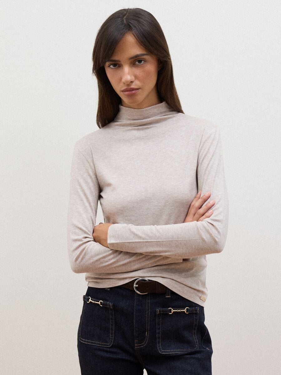 Beige lyocell and stretch wool mock-neck T-shirt, regular fit_1