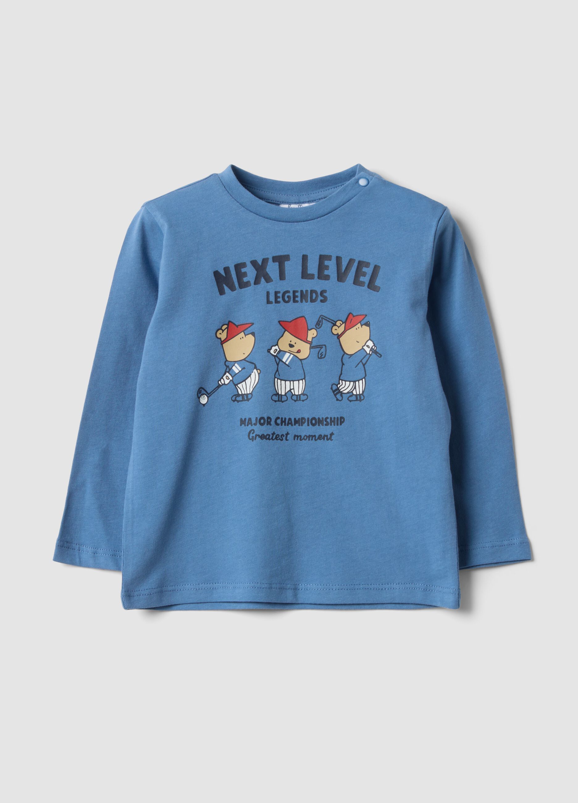 Blue pure organic cotton T-shirt with teddy bear print