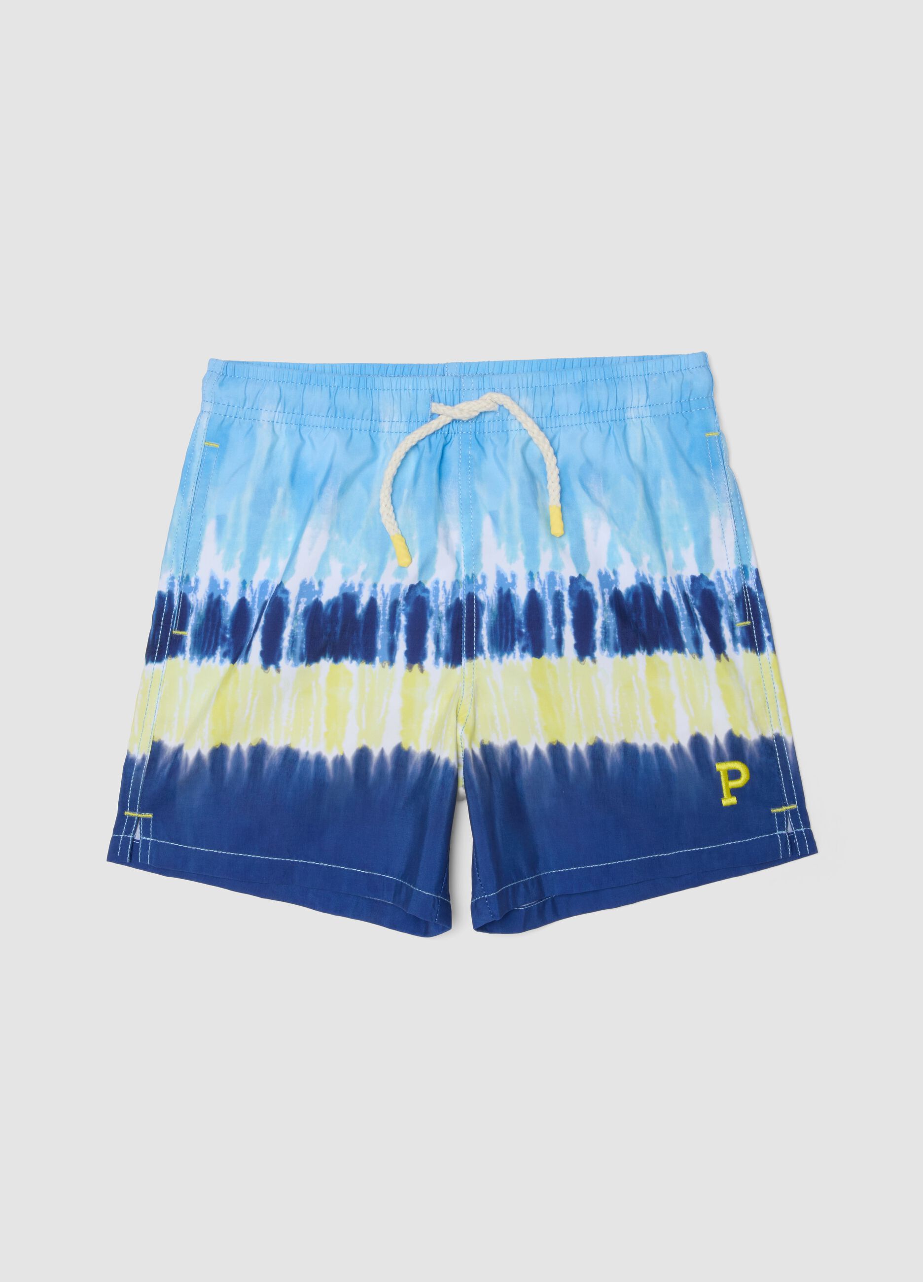 Blue tie-dye swim shorts with drawstring