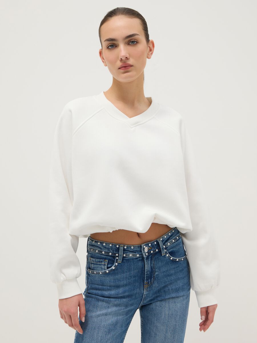 Oversized white cotton blend sweatshirt with V-neck_1