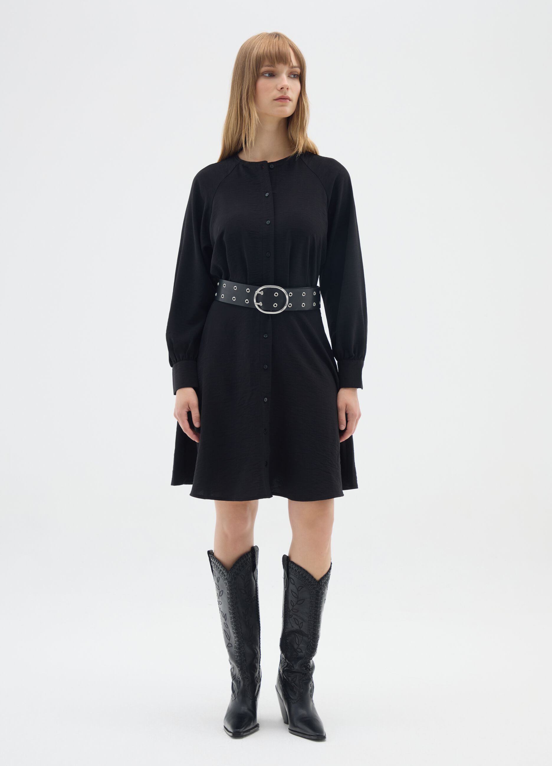 Black regular fit long sleeve dress with belt
