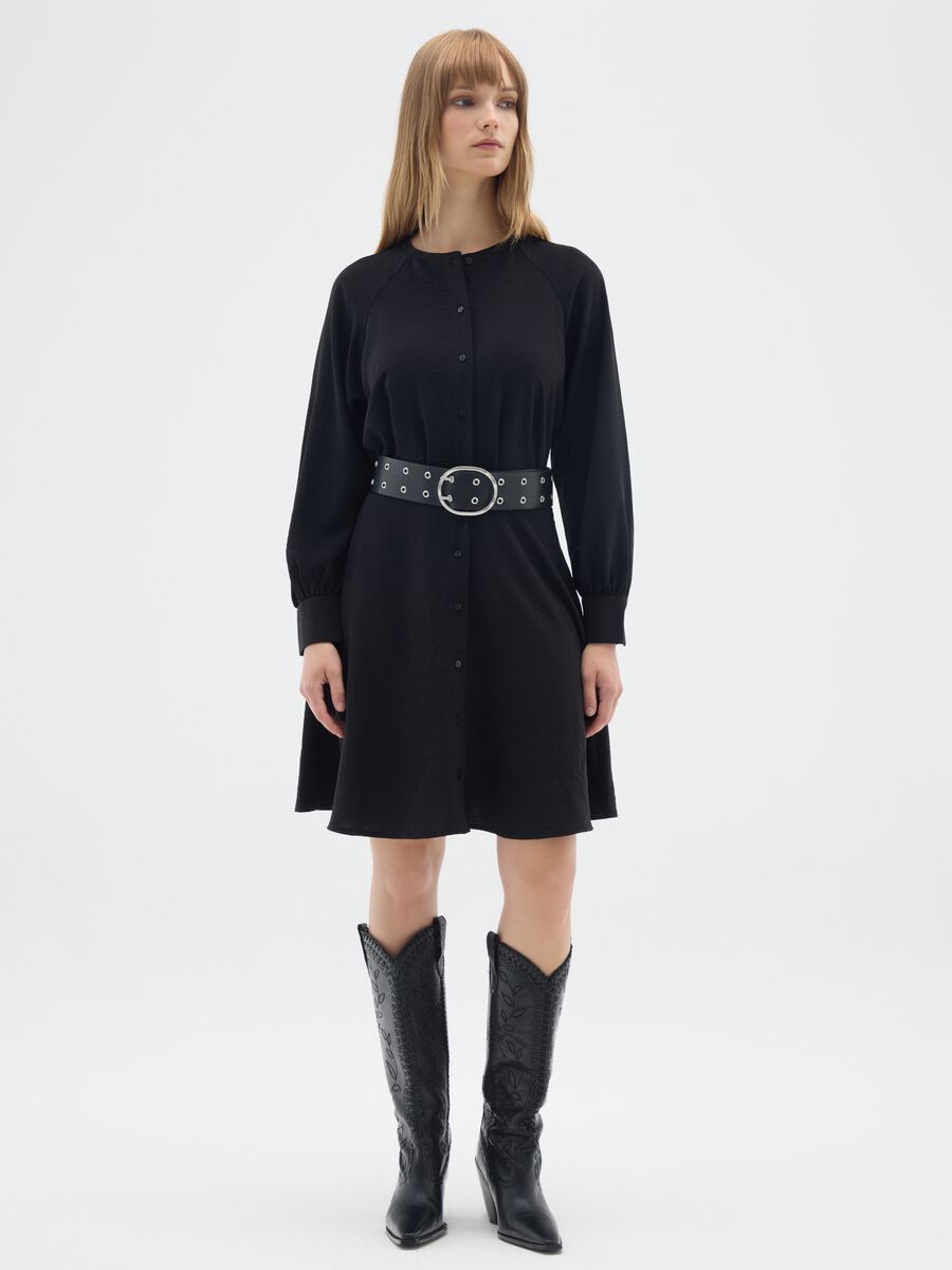 Black regular fit long sleeve dress with belt_0