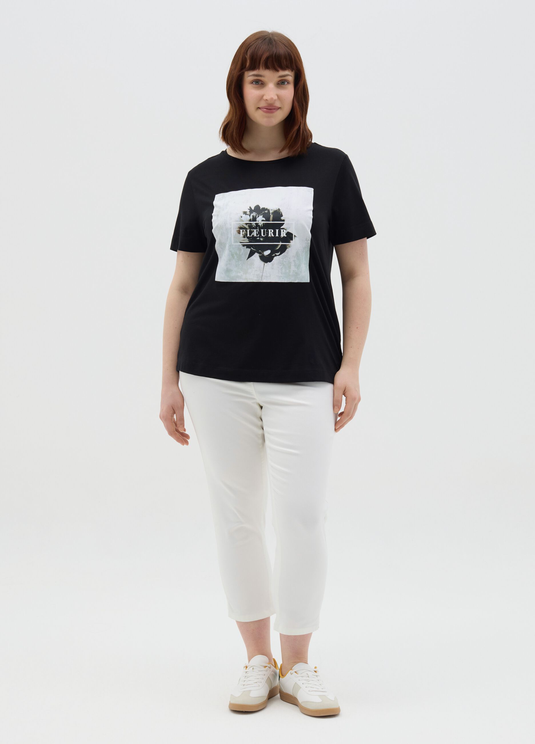 T-shirt nera a maniche corte in cotone Curvy