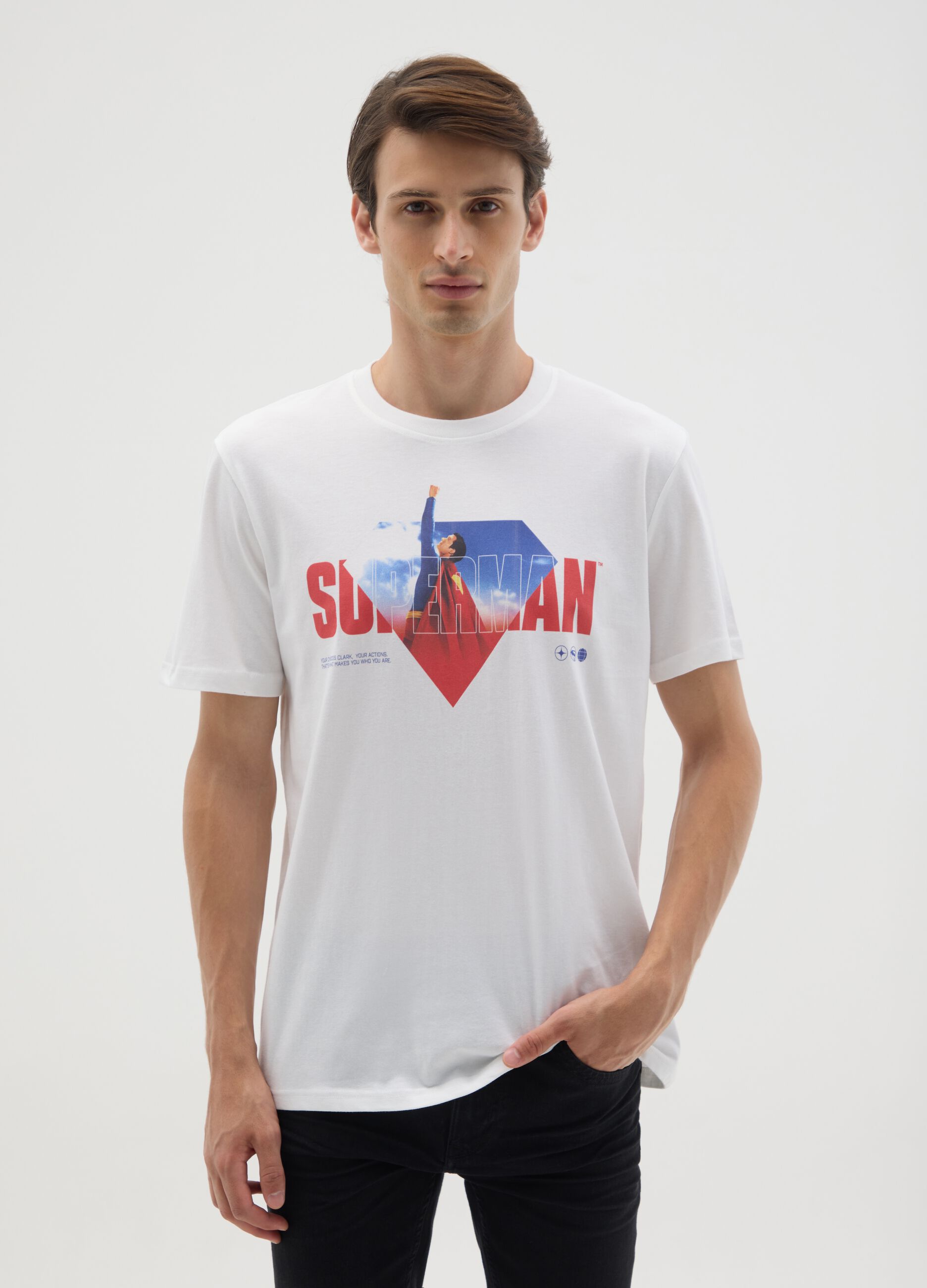 Men's pure cotton white T-shirt with Superman print