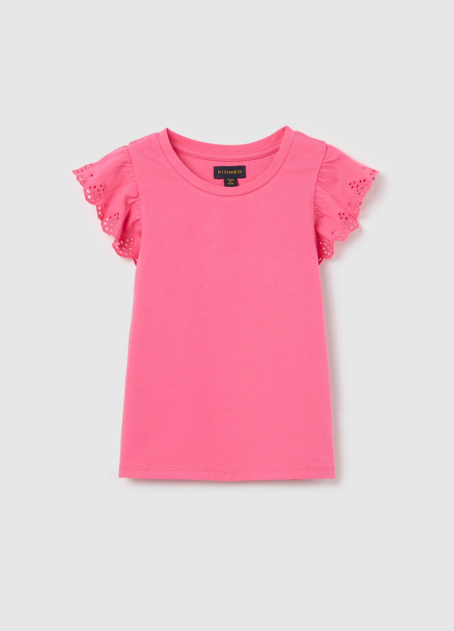 Pink stretch cotton T-shirt with broderie anglaise sleeves