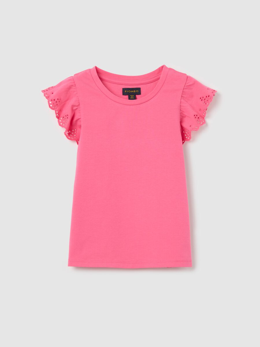 Pink stretch cotton T-shirt with broderie anglaise sleeves_3