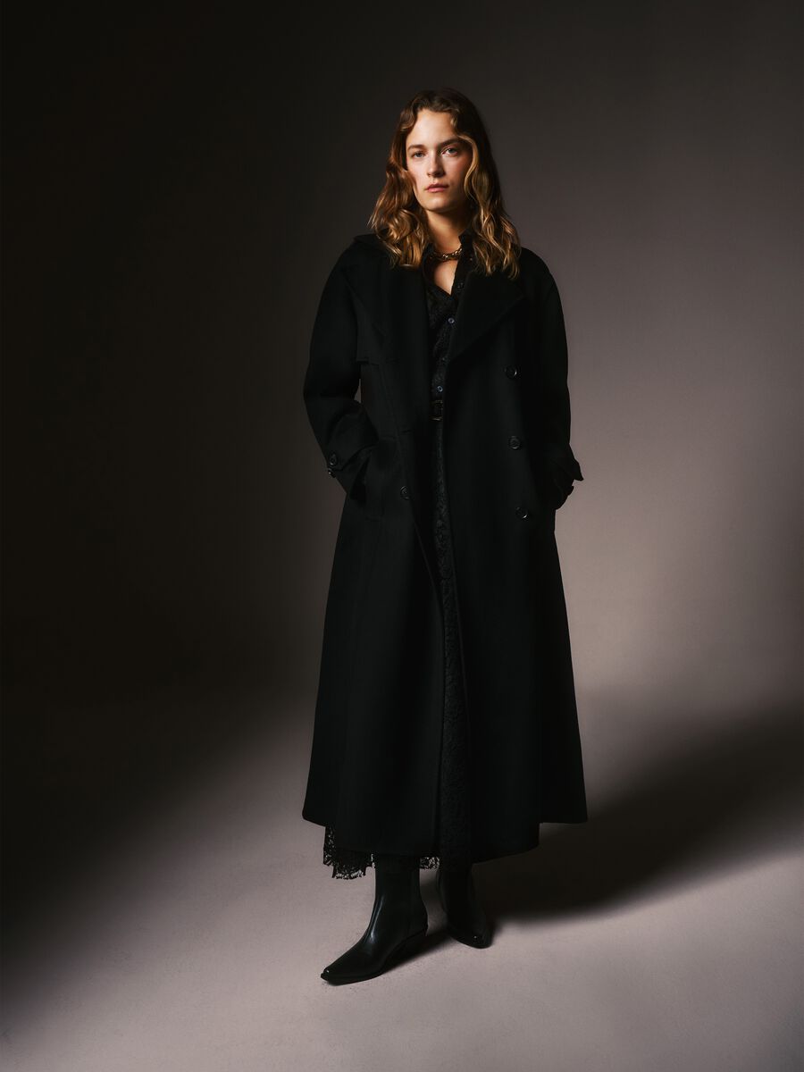Long Black Wool Blend Coat in Regular Fit_0
