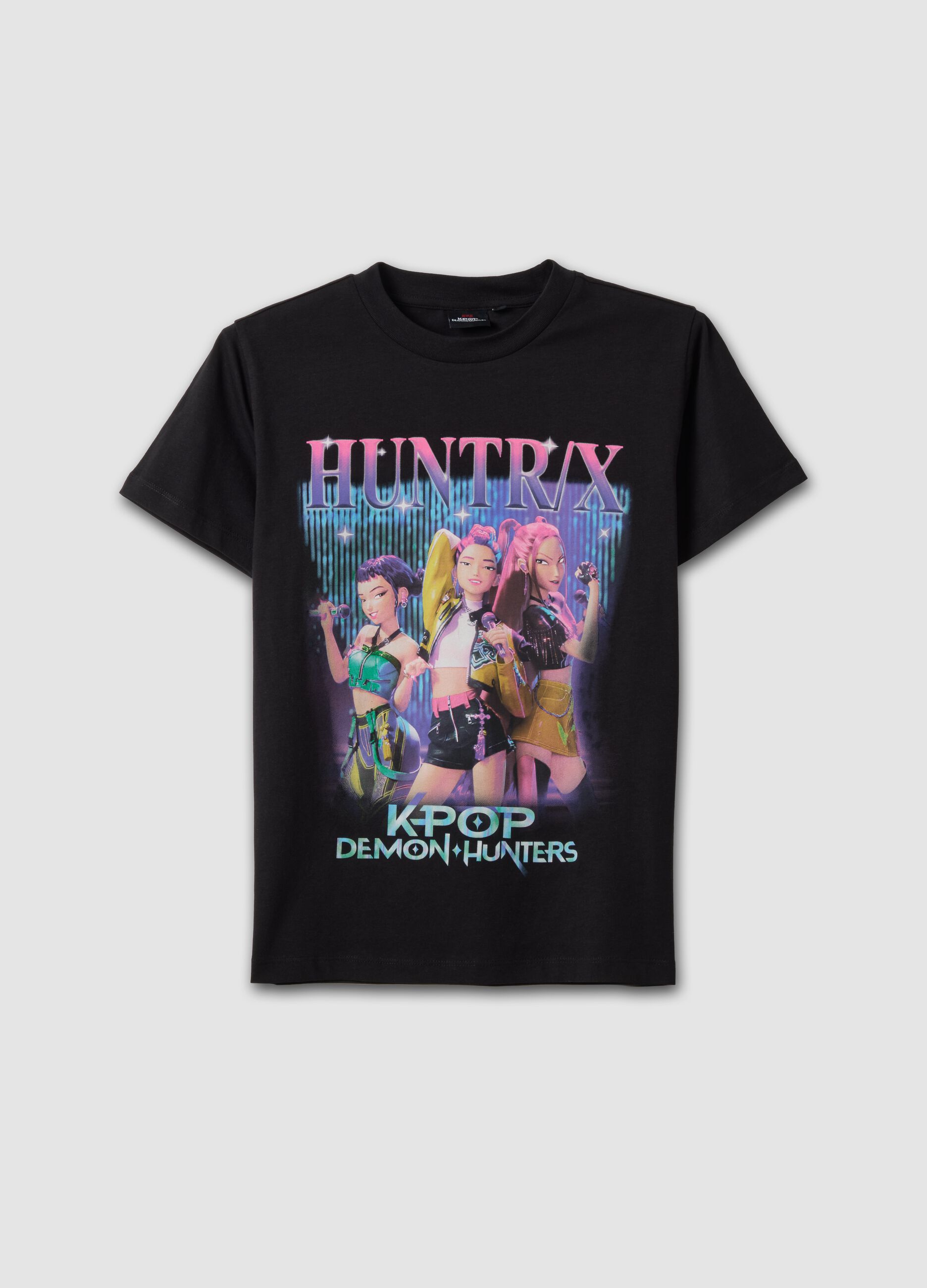 Black pure cotton T-shirt with K-Pop Demon Hunter print, regular fit