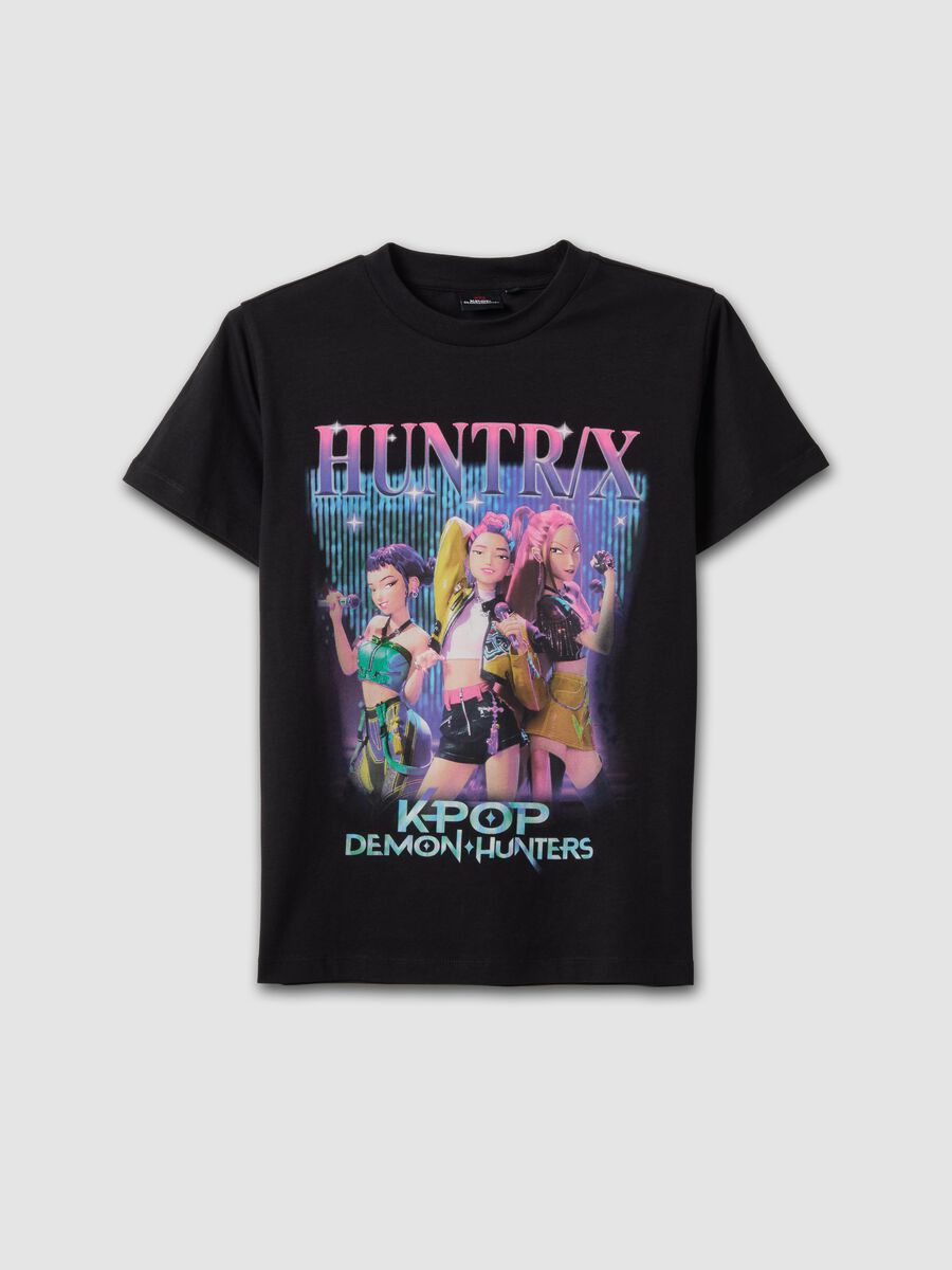 Black pure cotton T-shirt with K-Pop Demon Hunter print, regular fit_0