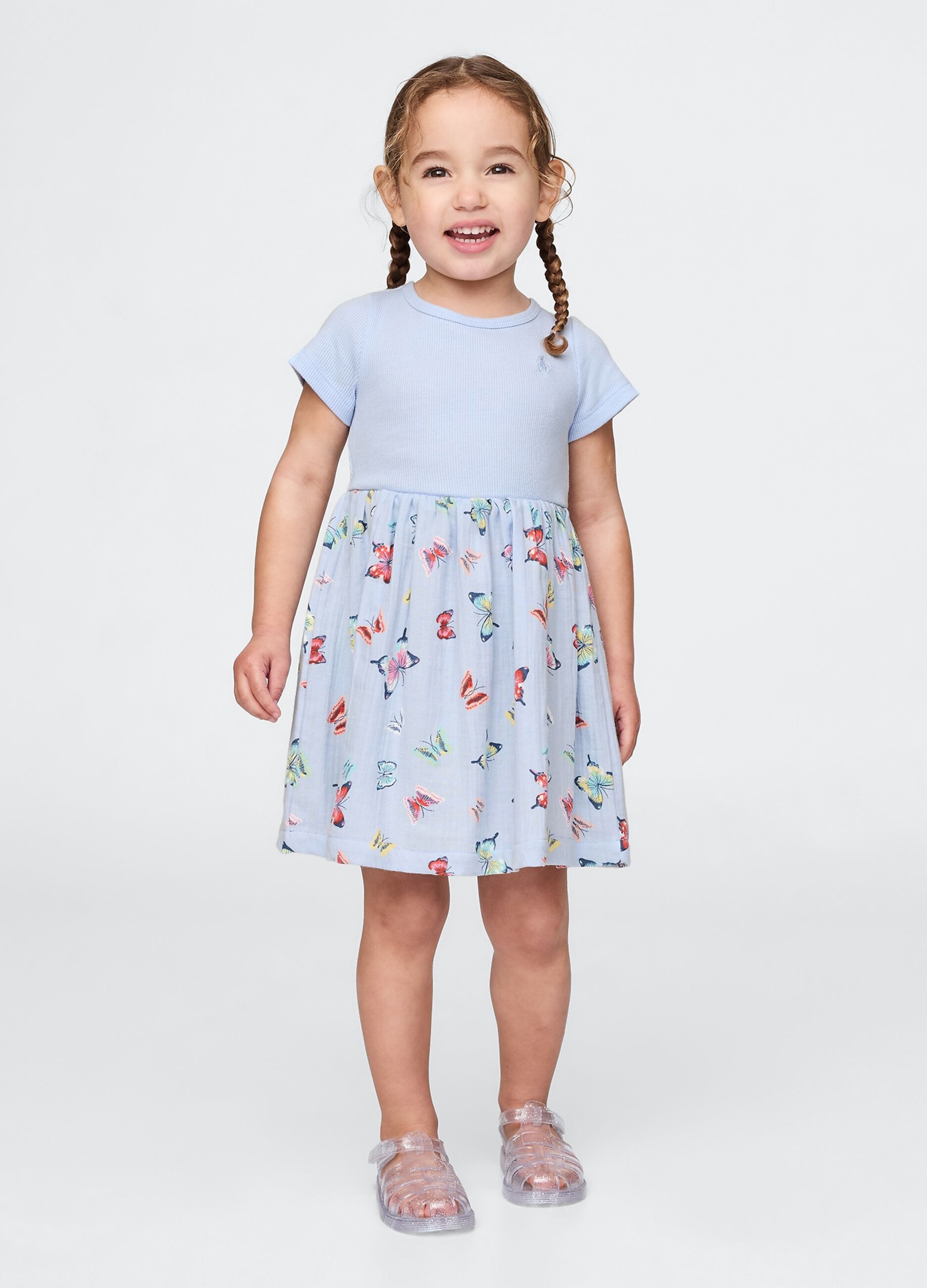 Blue dress with fantasy print in pure cotton