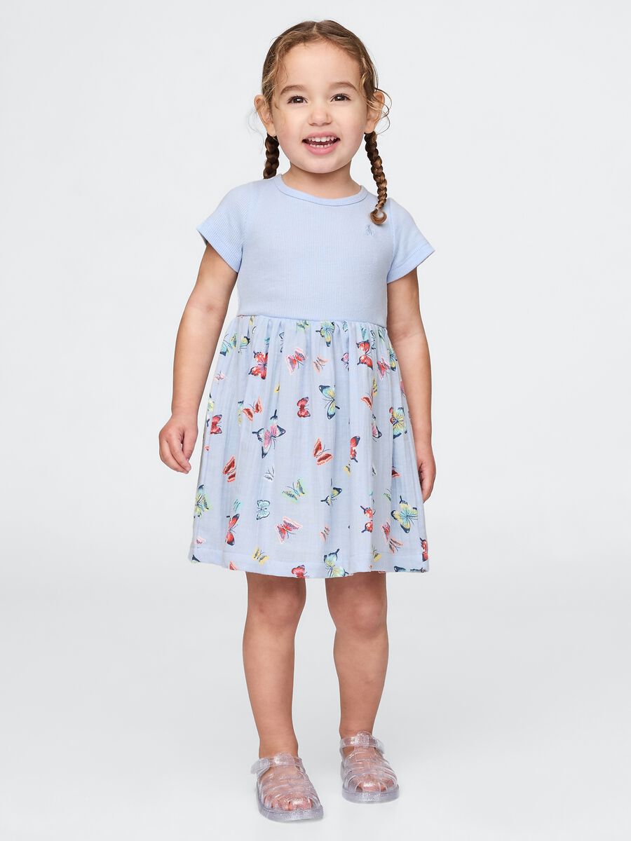 Blue dress with fantasy print in pure cotton_0