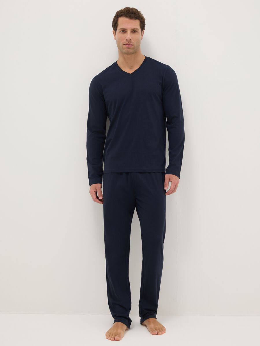 Blue long sleeve pyjamas with V-neck made of pure cotton, regular fit_0