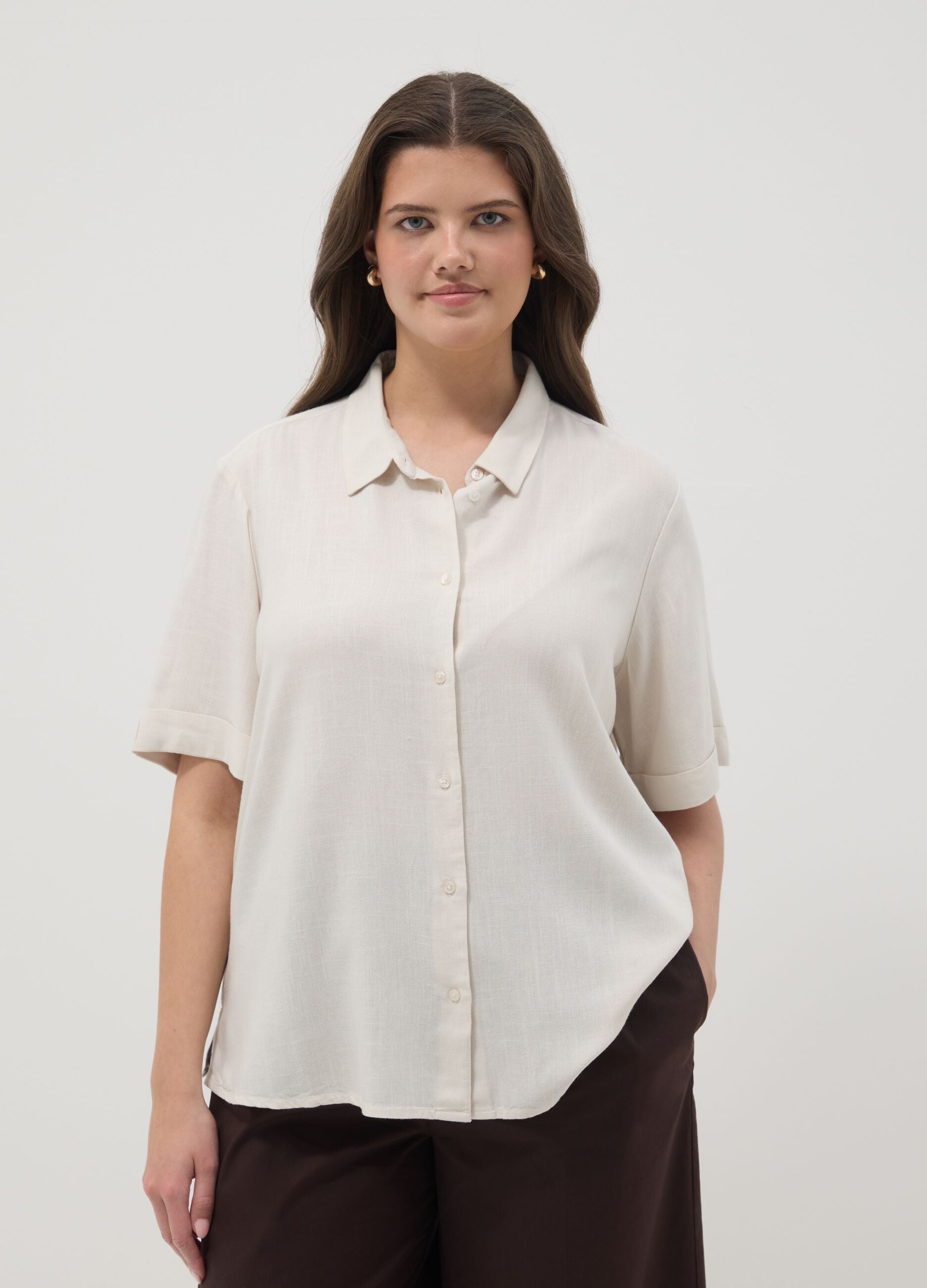 Camicia in misto viscosa e lino bianca regular fit