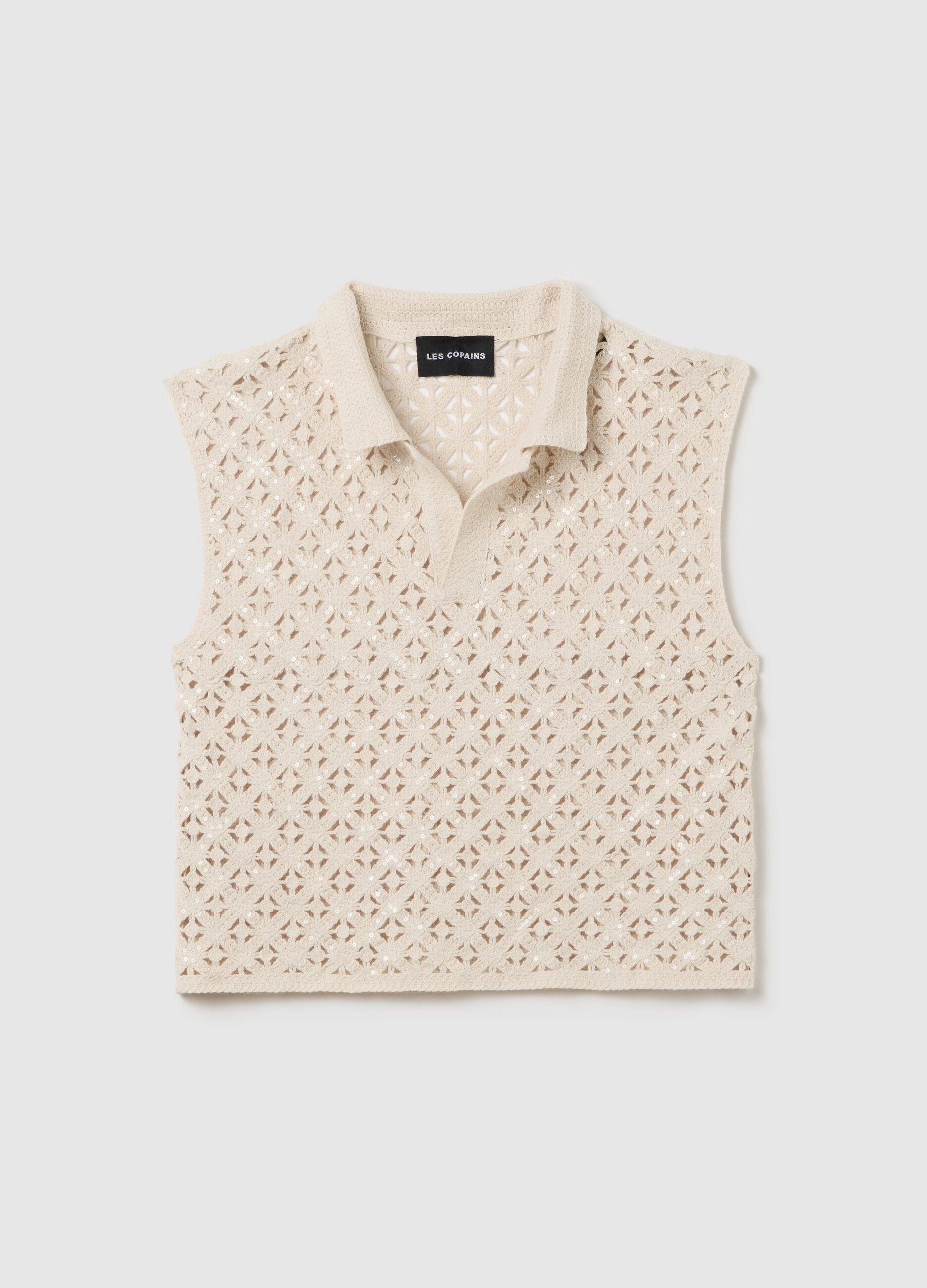 Beige fitted women's top in cotton blend with sequins