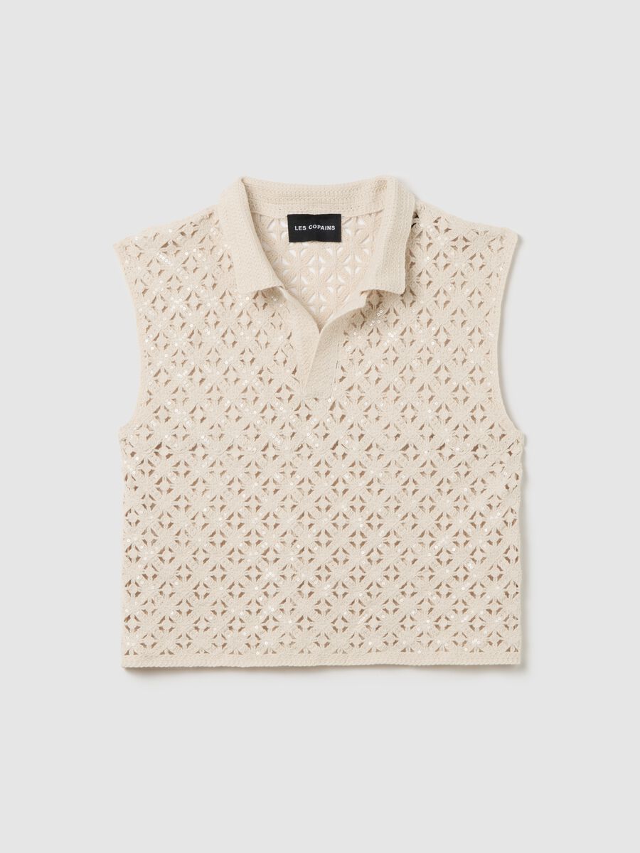 Beige fitted women's top in cotton blend with sequins_4