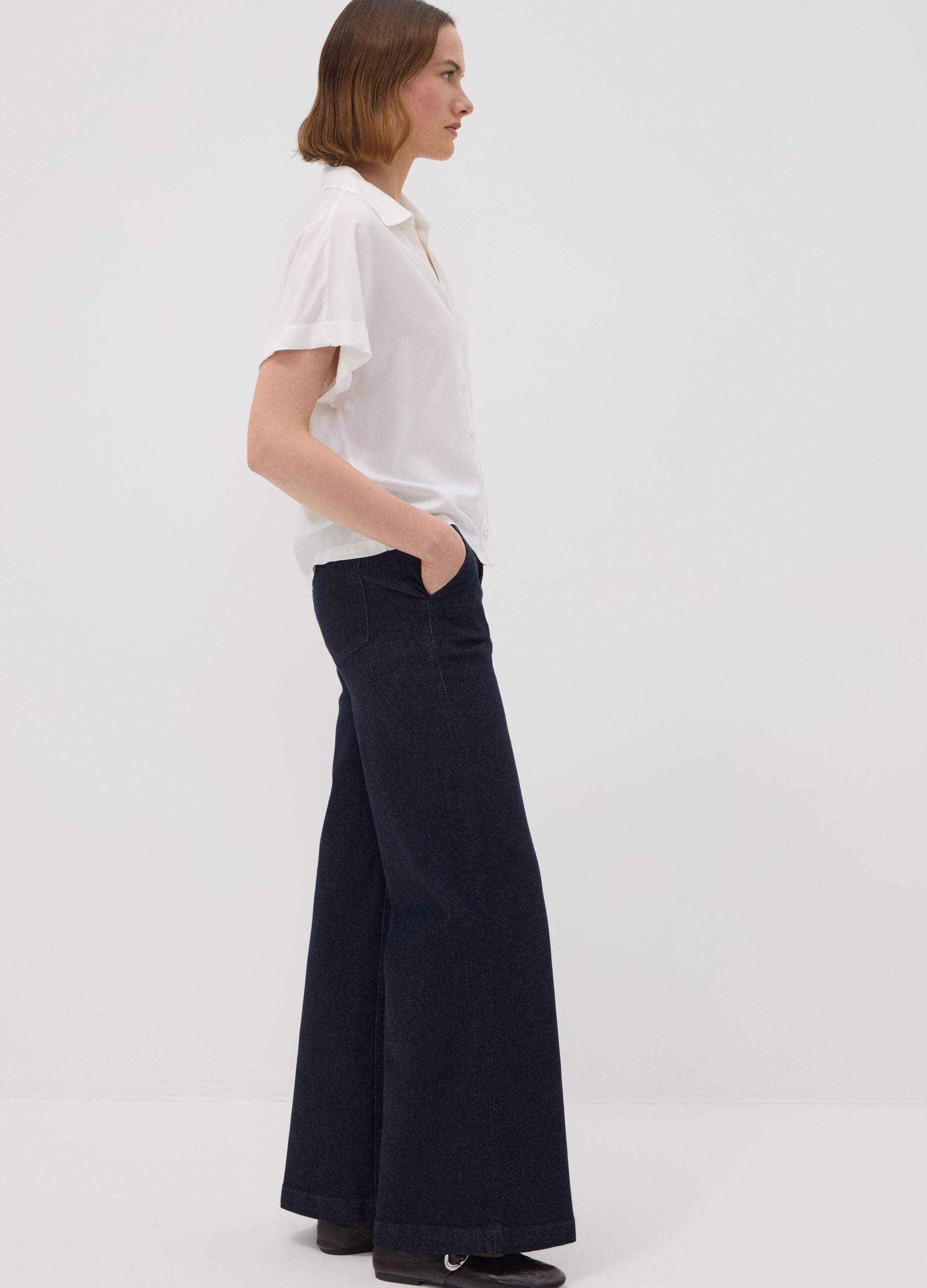 Dark blue high-waisted wide-leg stretch cotton jeans