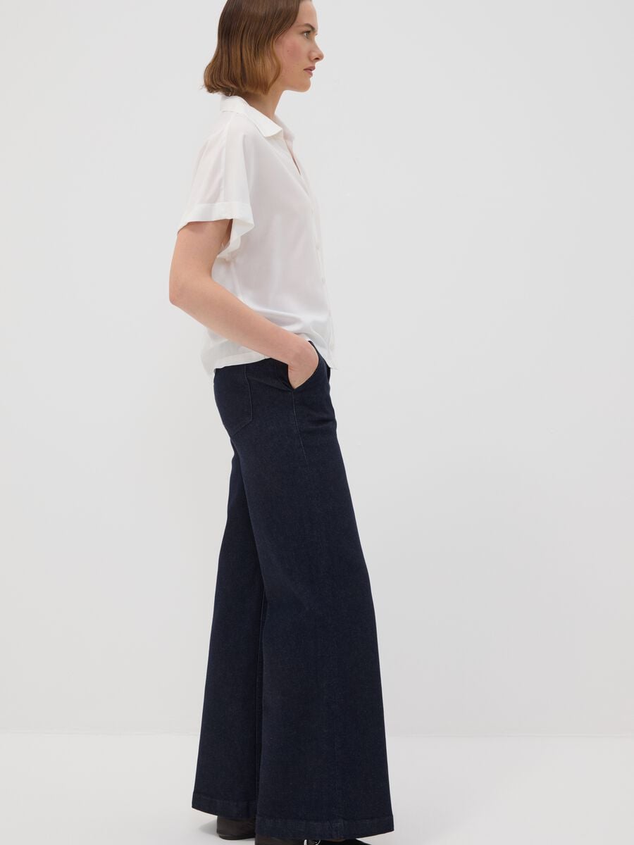 Dark blue high-waisted wide-leg stretch cotton jeans_1