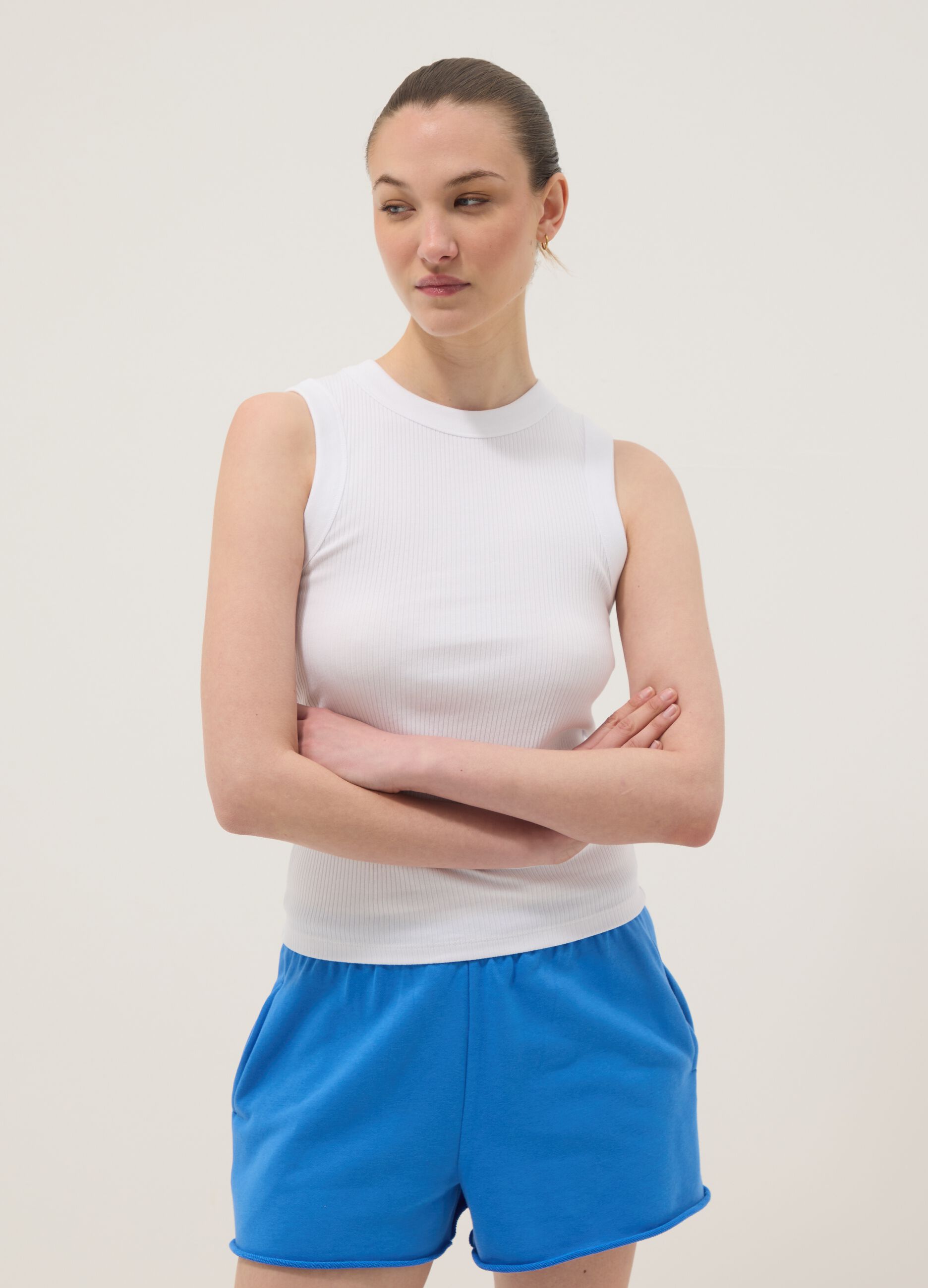 White fitted ribbed stretch cotton tank top