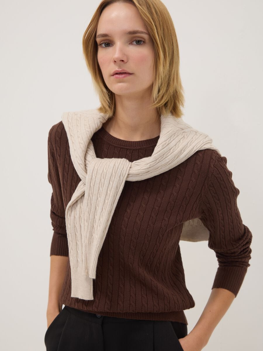 Brown regular-fit cable-knit jumper in viscose blend_0