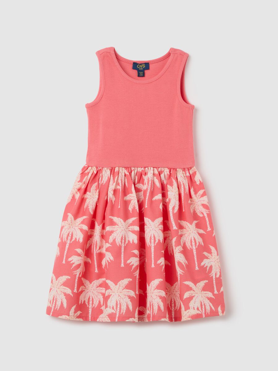 Pink sleeveless dress with palm print in stretch cotton_0
