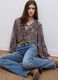 Purple patterned blouse with ruffles and tie neck_0