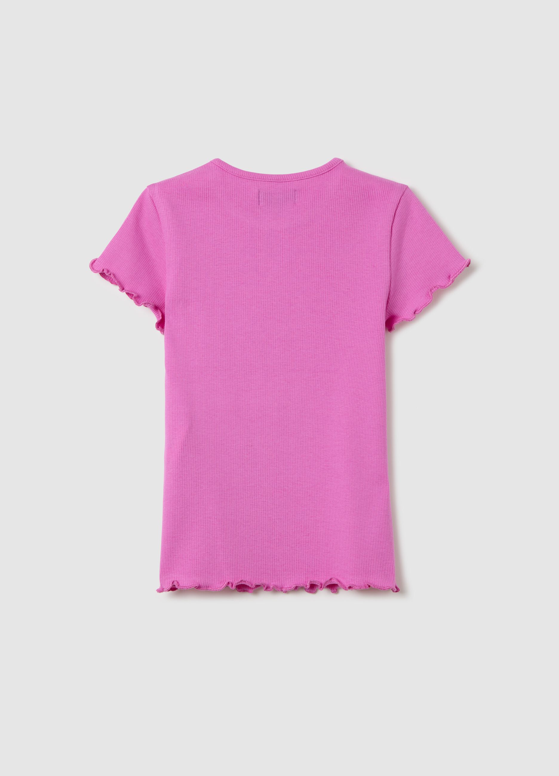 Fuchsia ribbed T-shirt with wavy edging