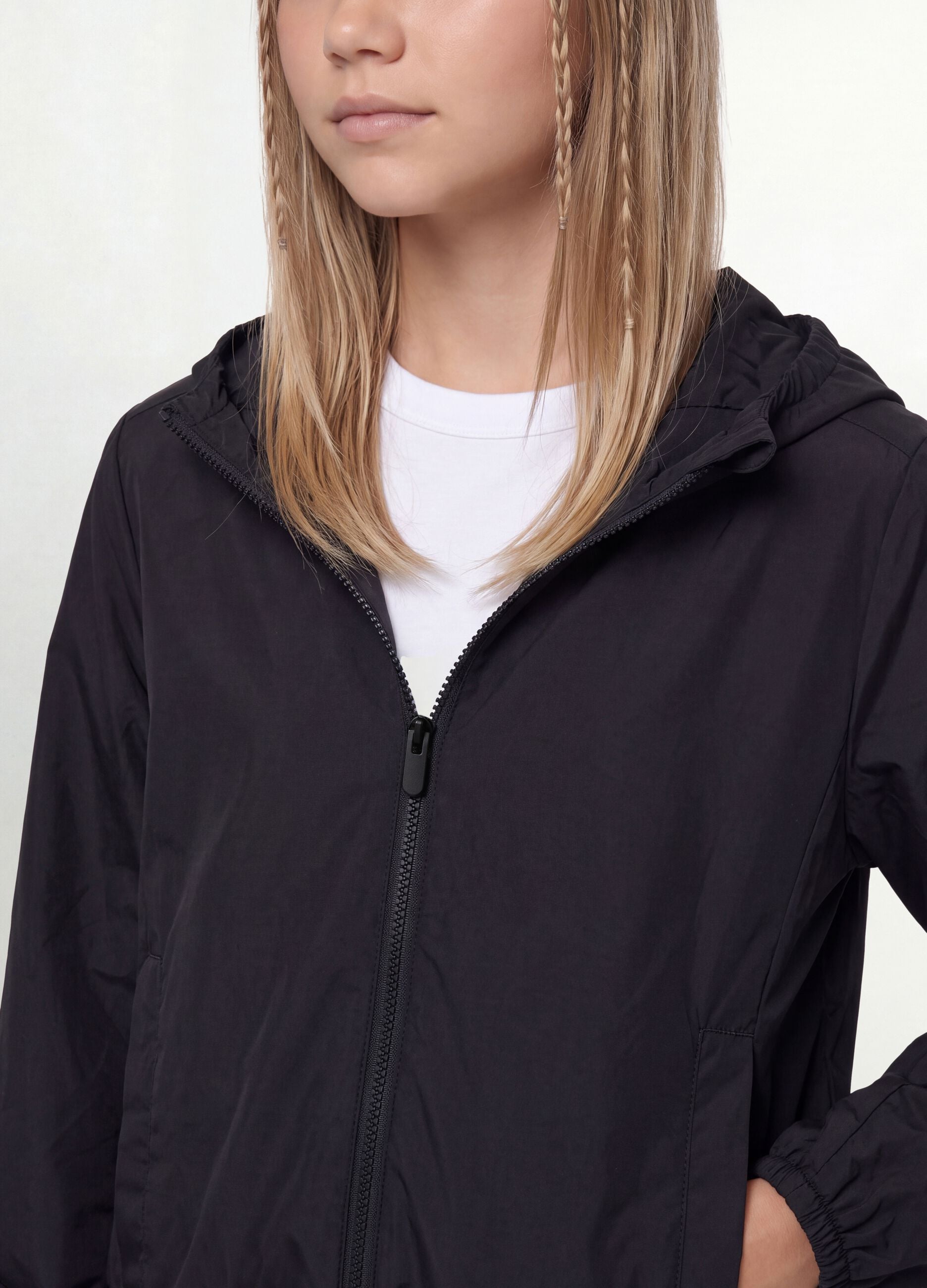 Black hooded rain jacket with zip for girls