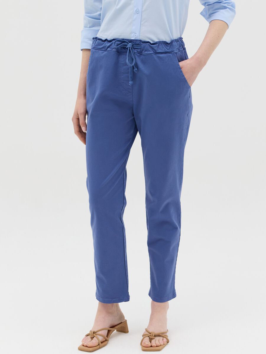 Blue stretch cotton trousers with drawstring_1