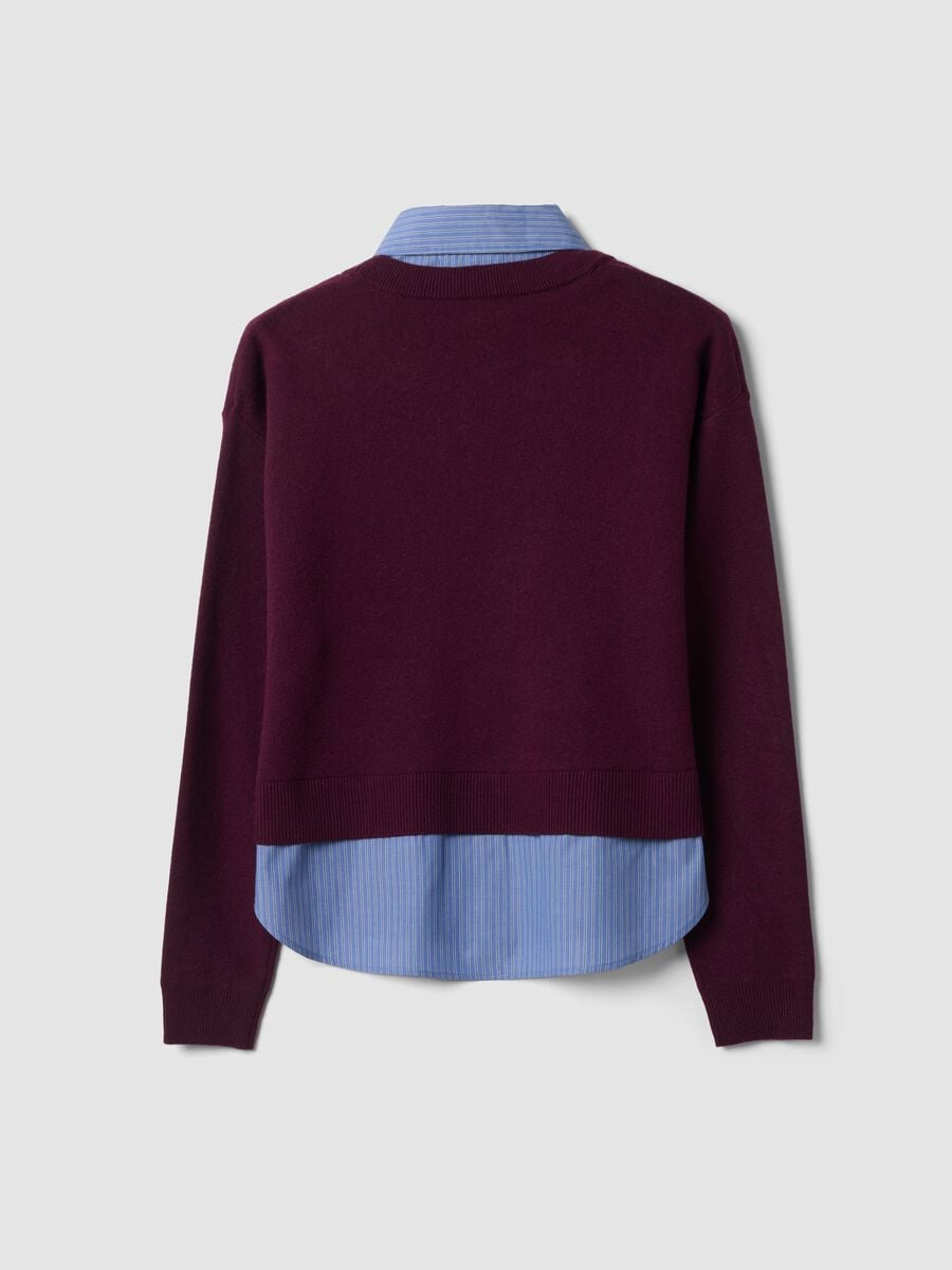 Maglia viola in misto viscosa e lana con scollo a V e inserto camicia_2