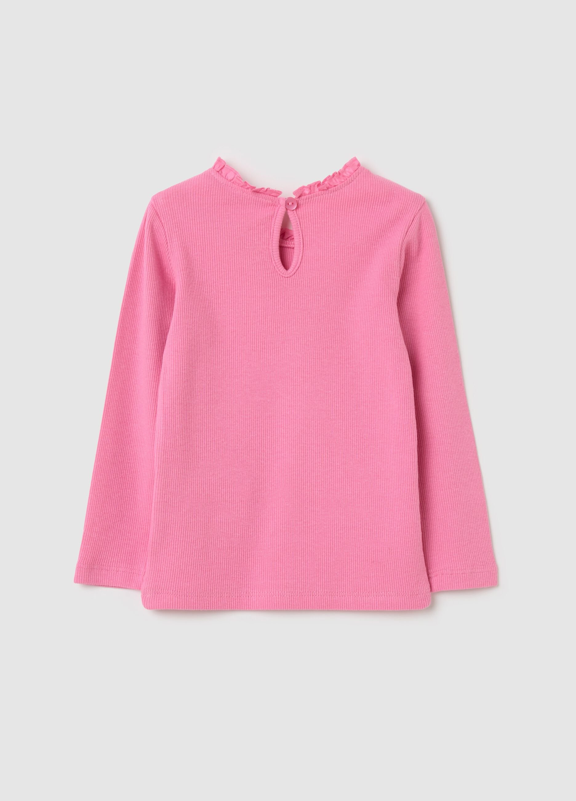 Ribbed T-shirt with long sleeves and frills
