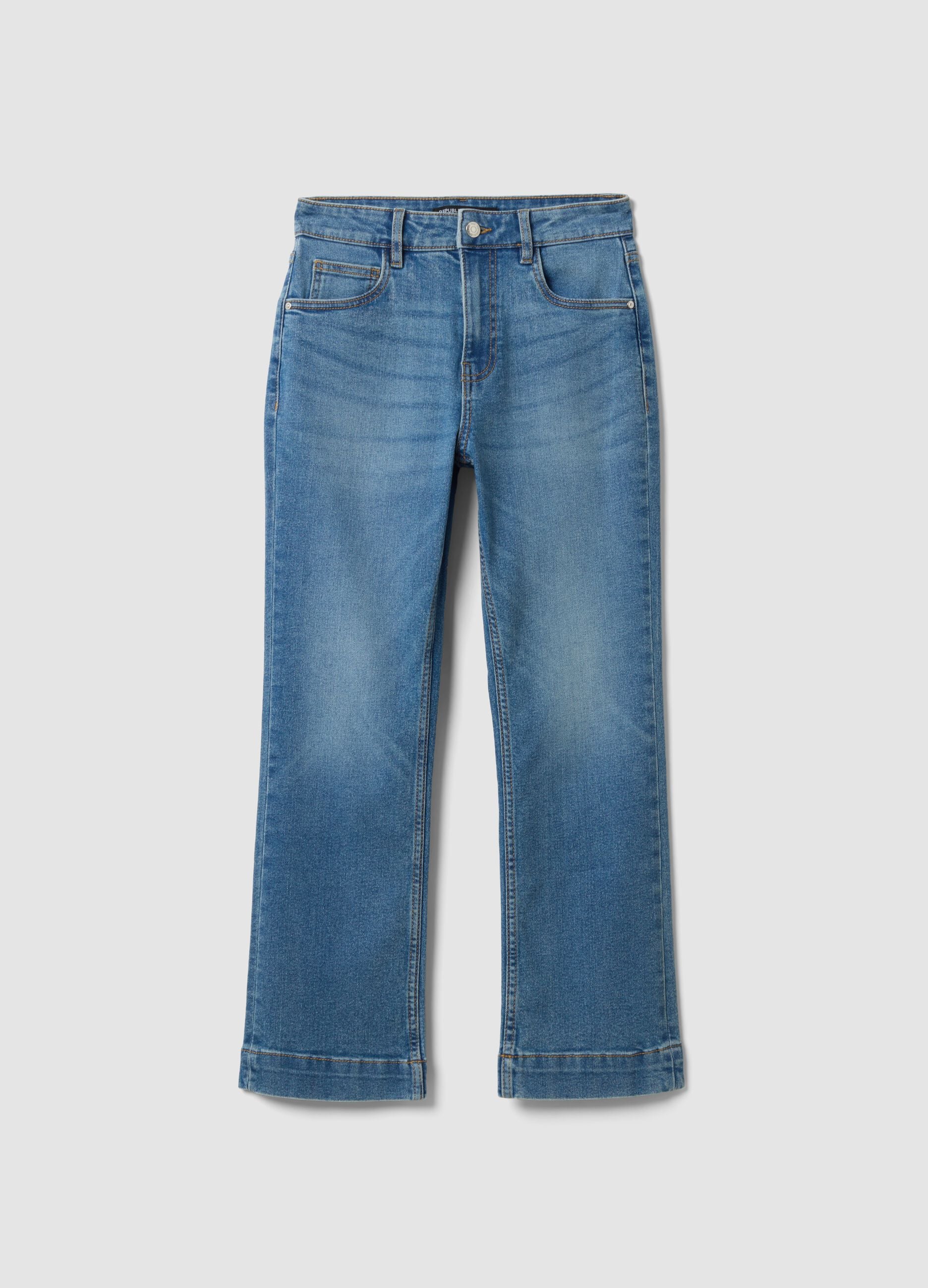 Jeans denim azzurro cropped slim fit in cotone e viscosa elasticizzato