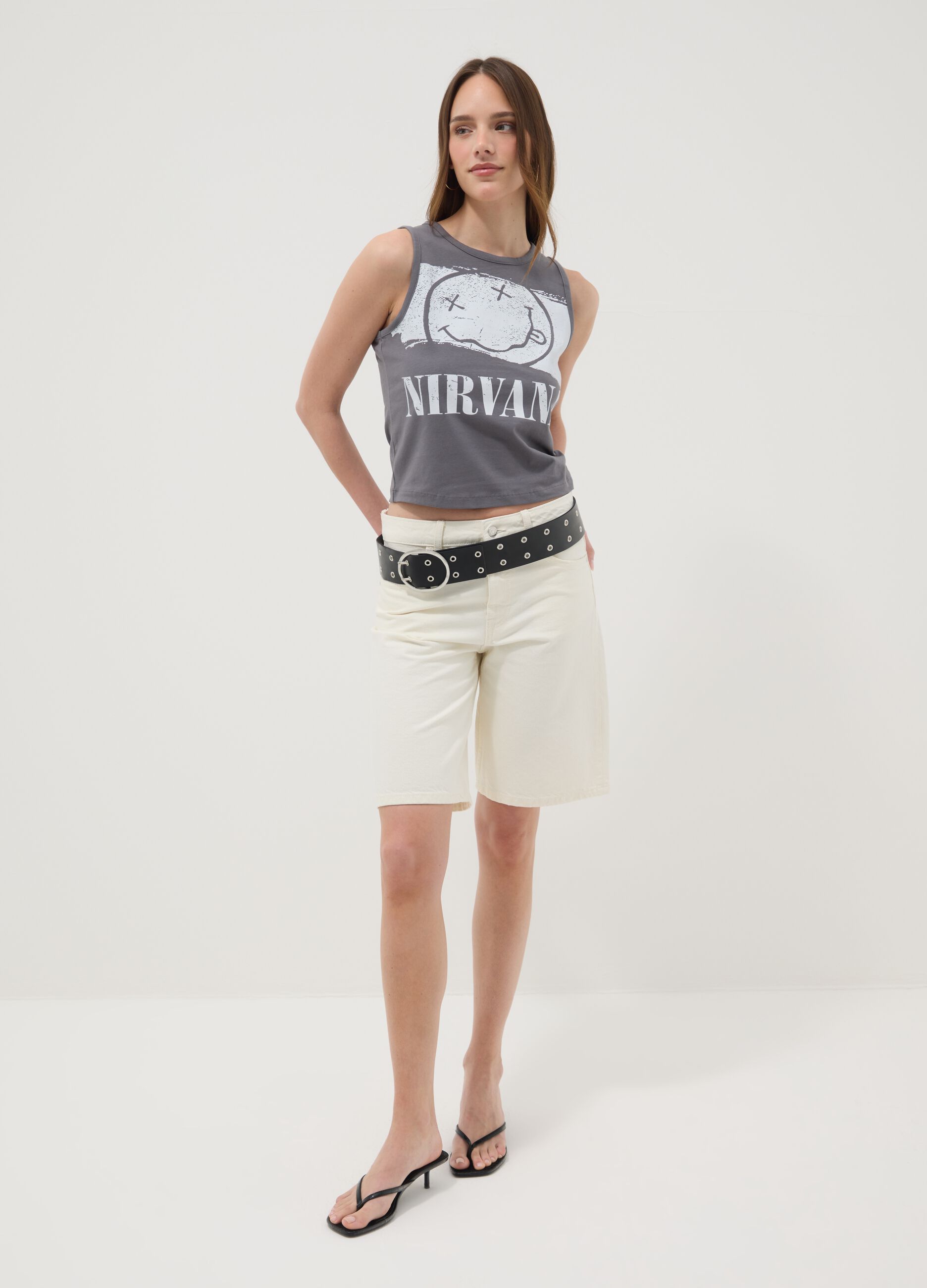 Grey pure cotton Nirvana print tank top, regular fit
