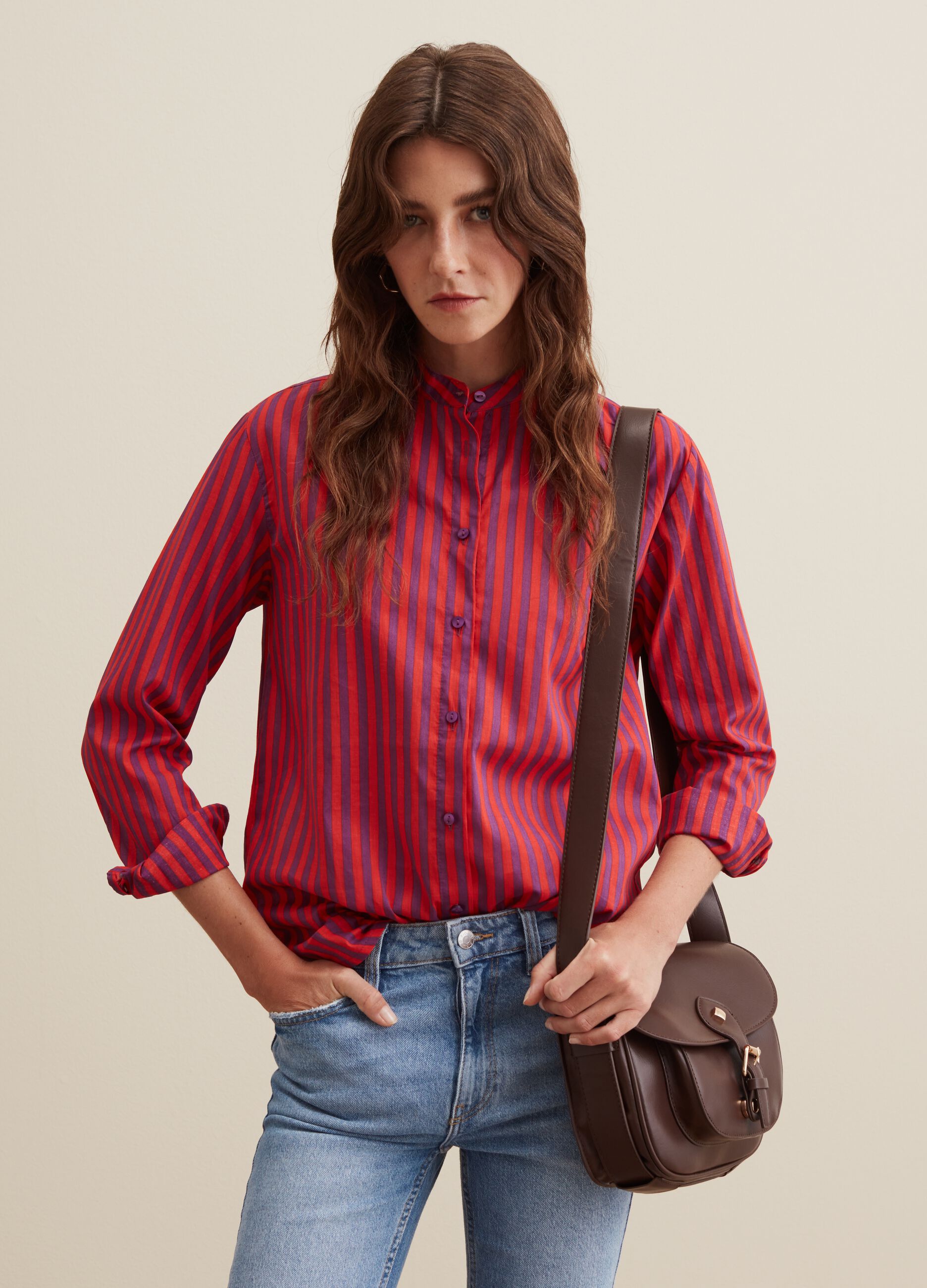 Camicia in cotone a righe collo alla coreana