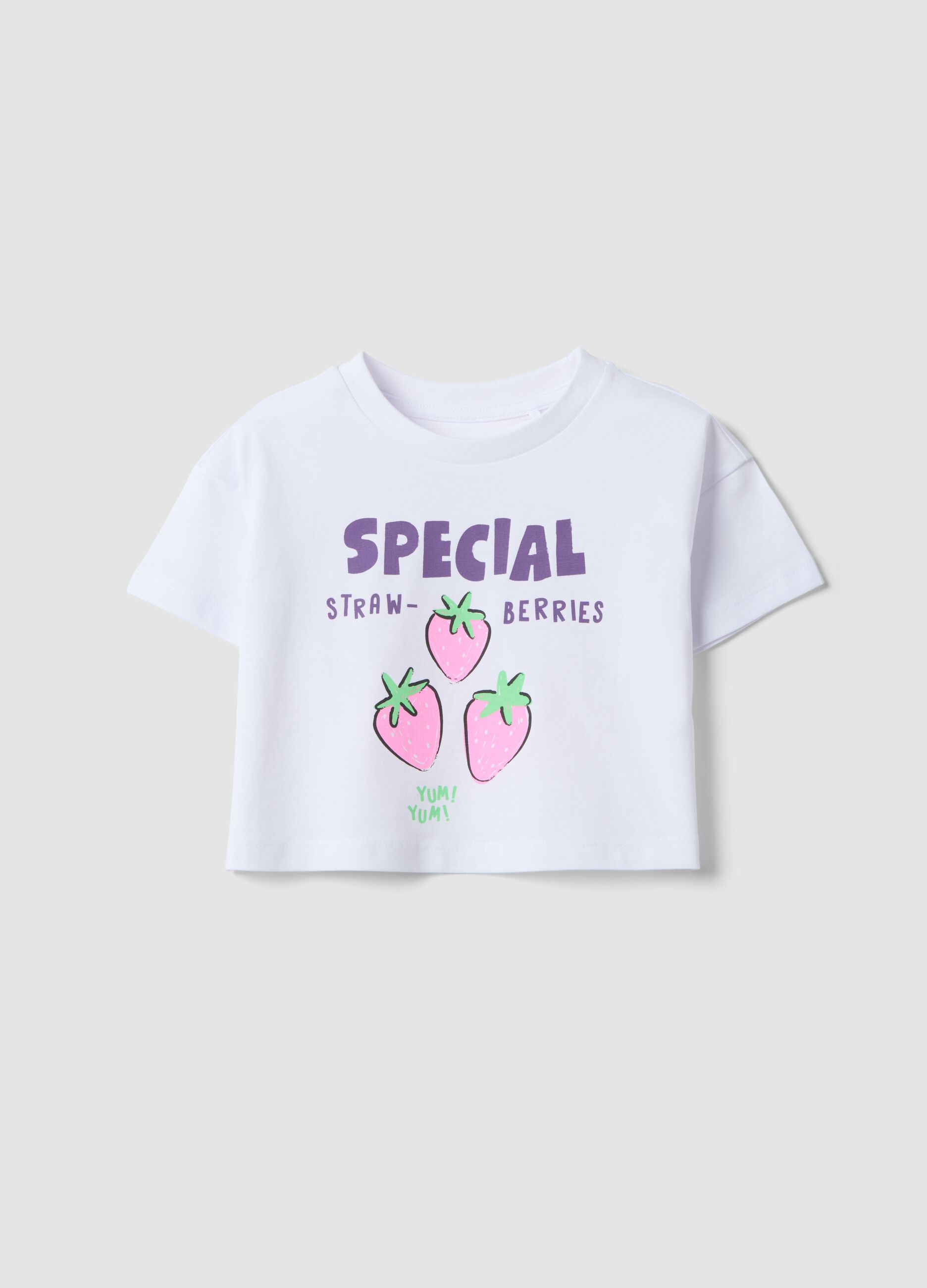 White pure cotton T-shirt with strawberry print for girls