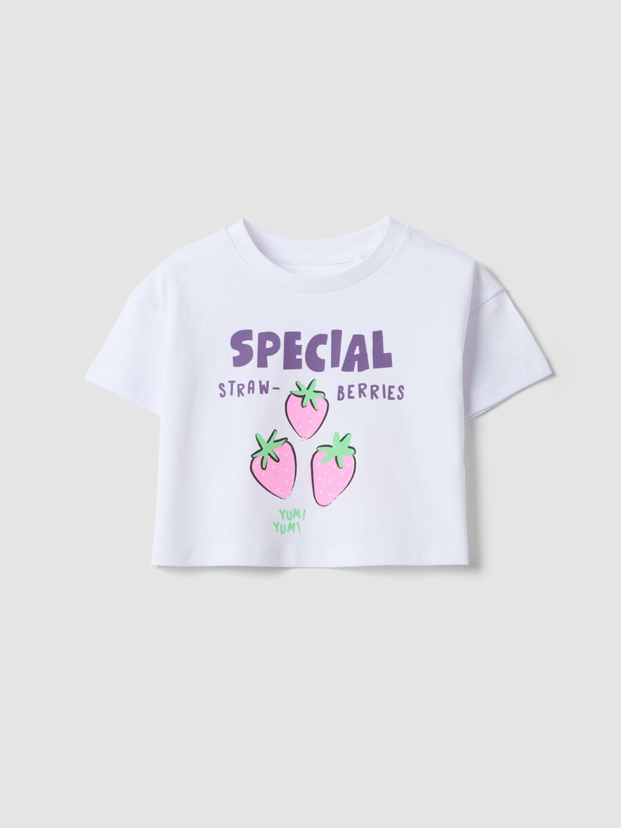 T-shirt in puro cotone bianco per bambine con stampa fragole_0