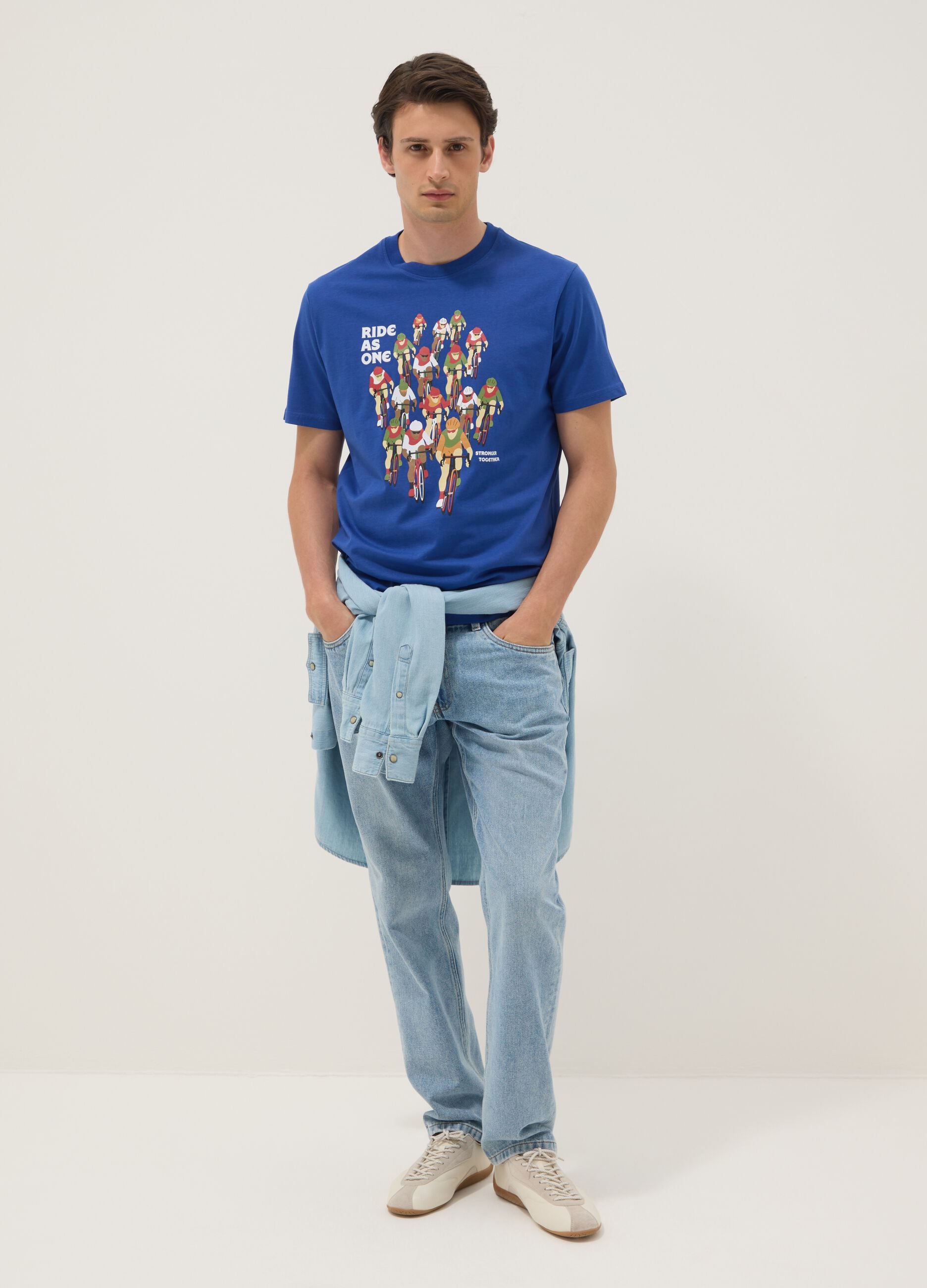 Blue pure cotton T-shirt with print, regular fit