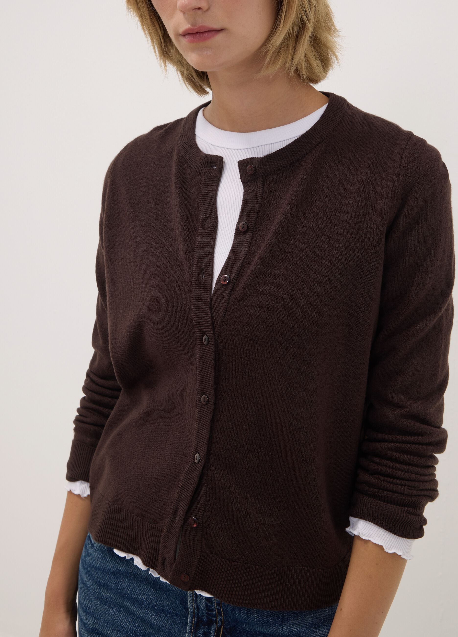 Brown crew-neck regular-fit cardigan with buttons