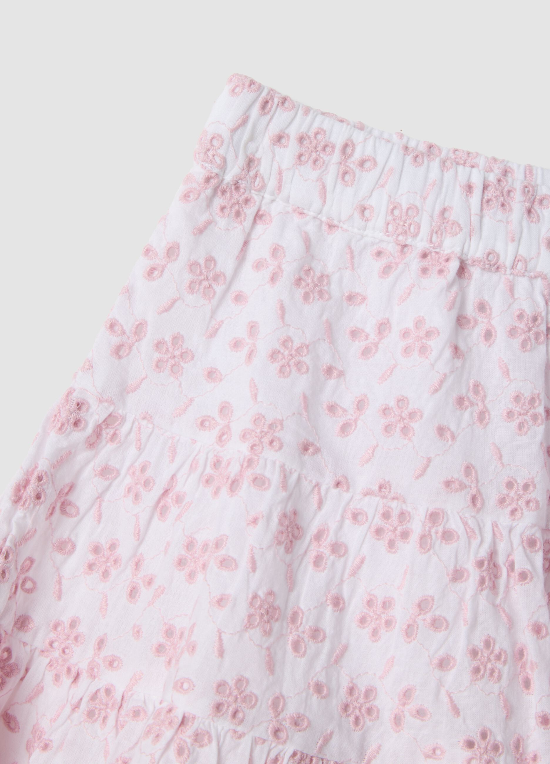 Pink mini skirt in pure cotton with Broderie Anglaise embroidery