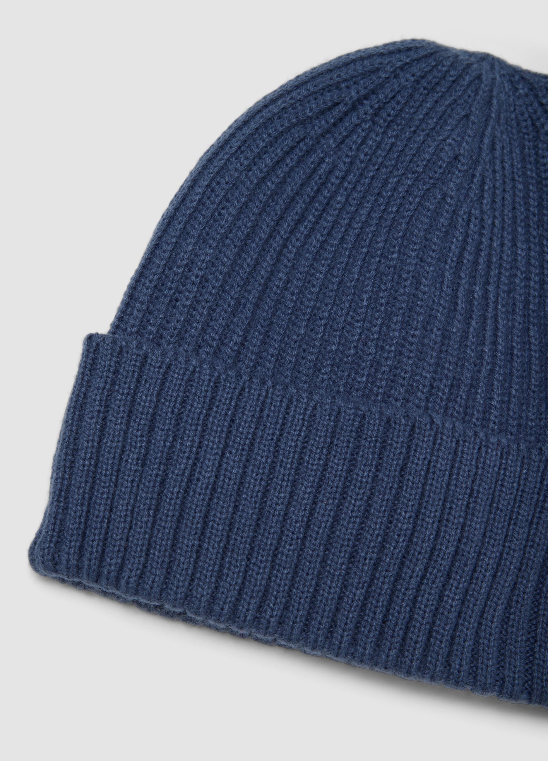 Blue knitted beanie with cuff