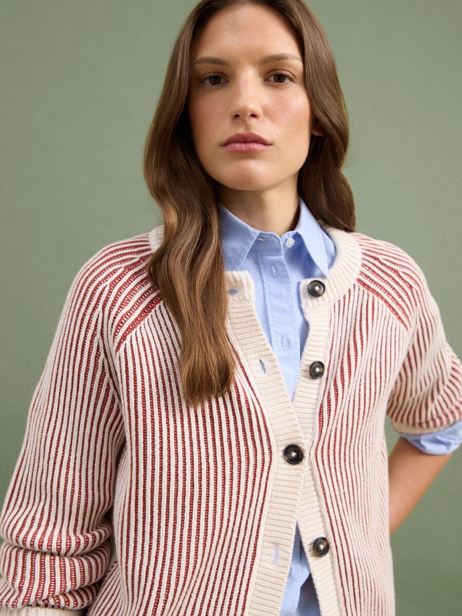 White pure cotton ribbed crew-neck cardigan_1