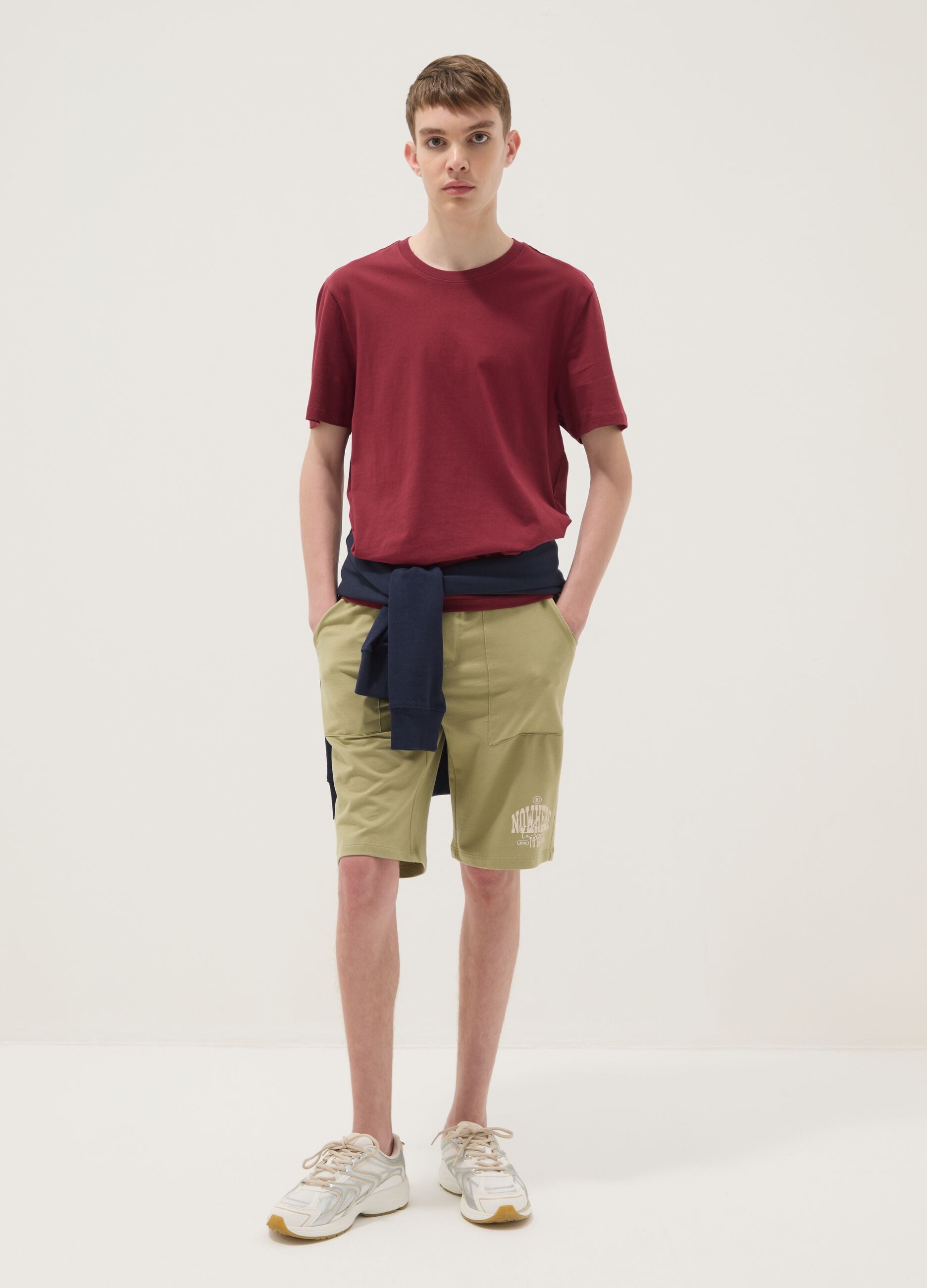 Green pure cotton jogger shorts for boys with elasticated waistband